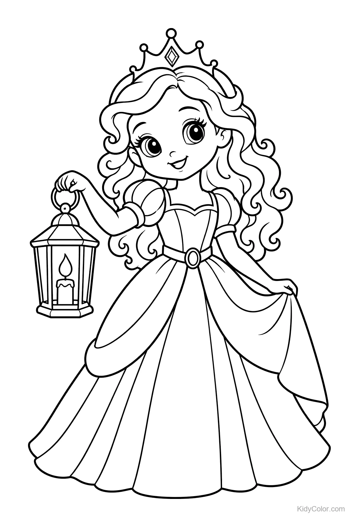 Princesa con corona sostiene una linterna y viste un vestido largo.