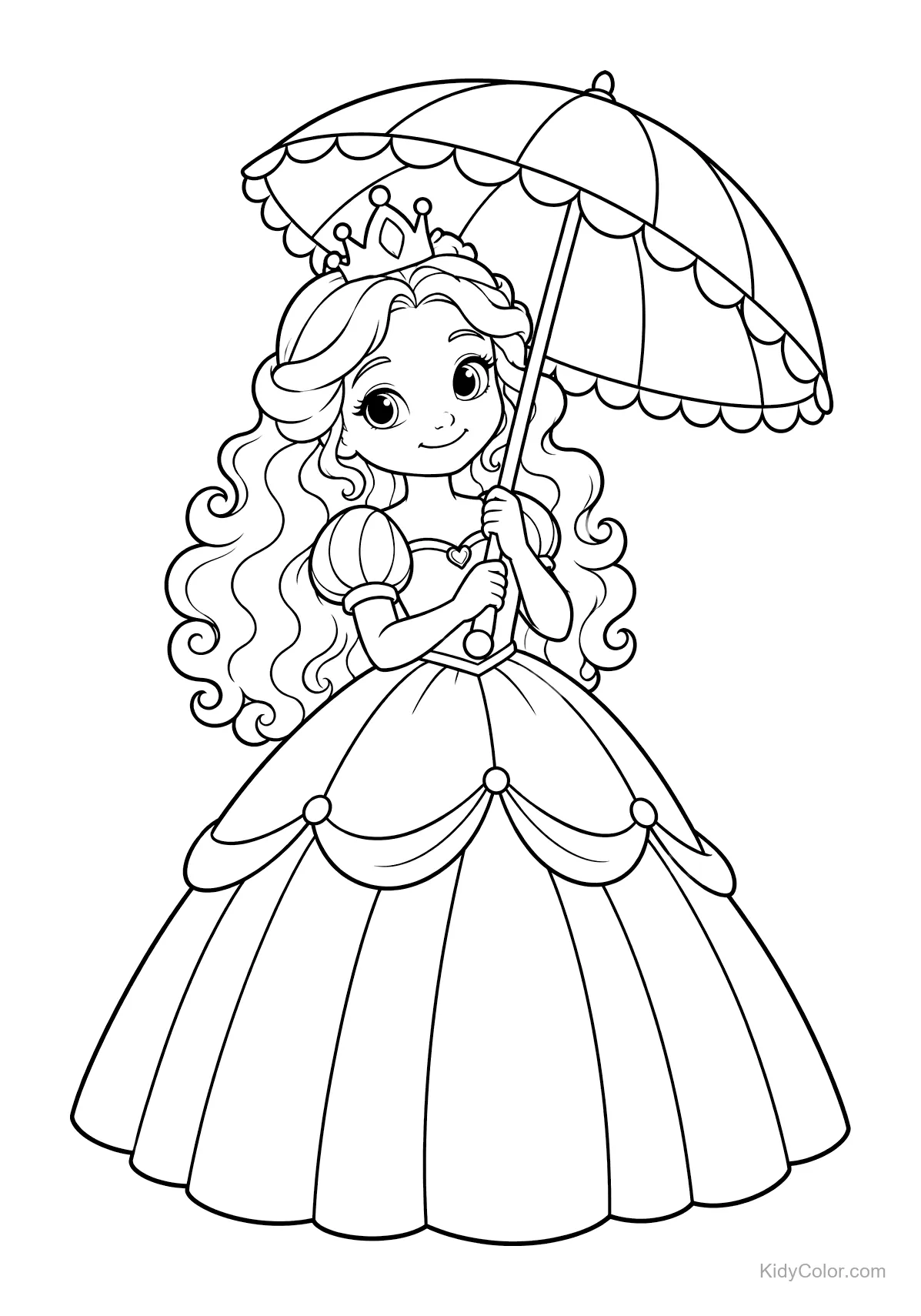 Princesa con parasol, corona y vestido largo.