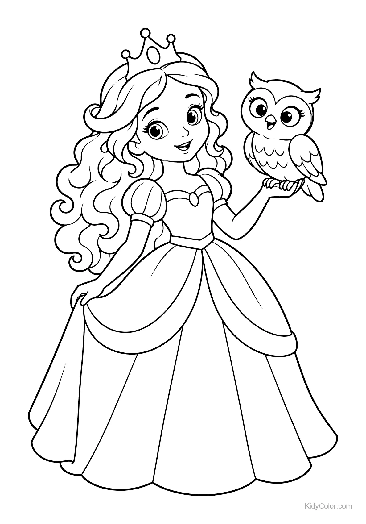 Prinzessin mit einer Eule auf der Hand, beide lächeln.