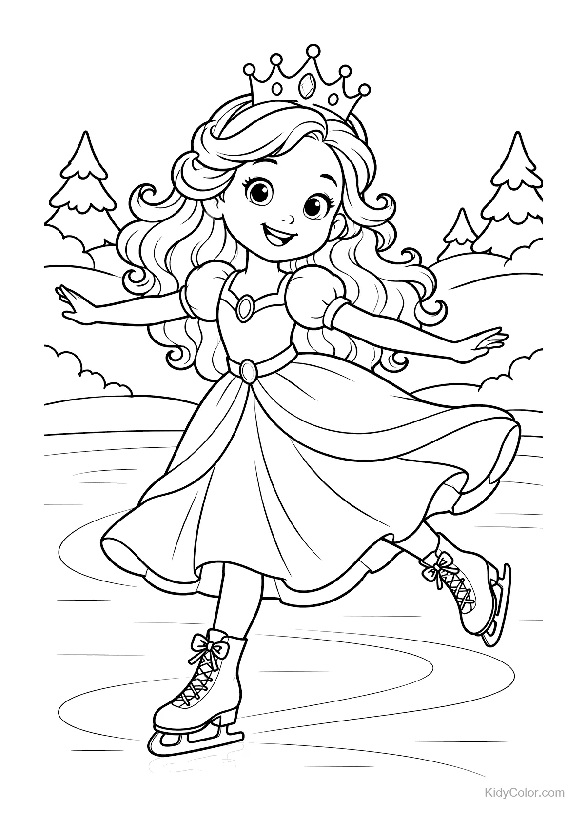 Prinzessin in einem Kleid mit Krone beim Eislaufen.