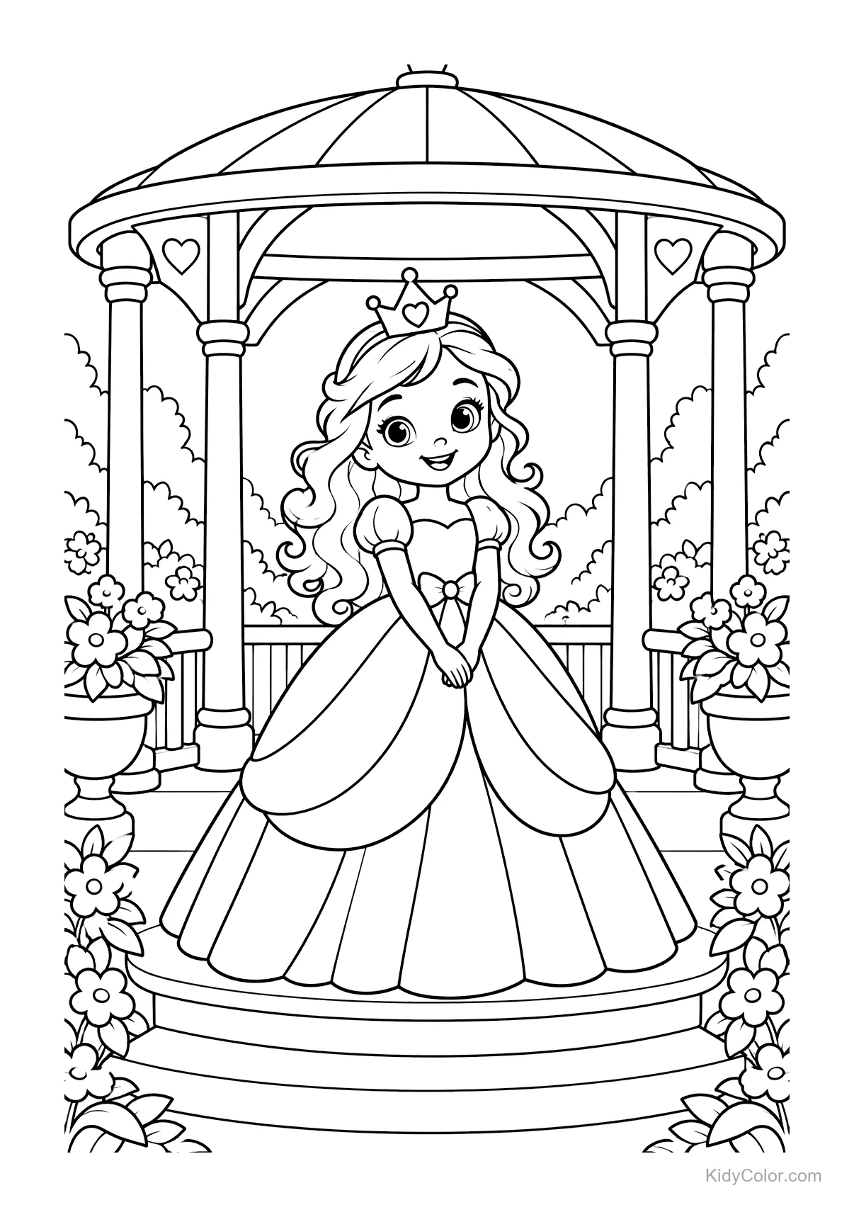 Princesa de pie en un gazebo de jardín rodeada de flores.