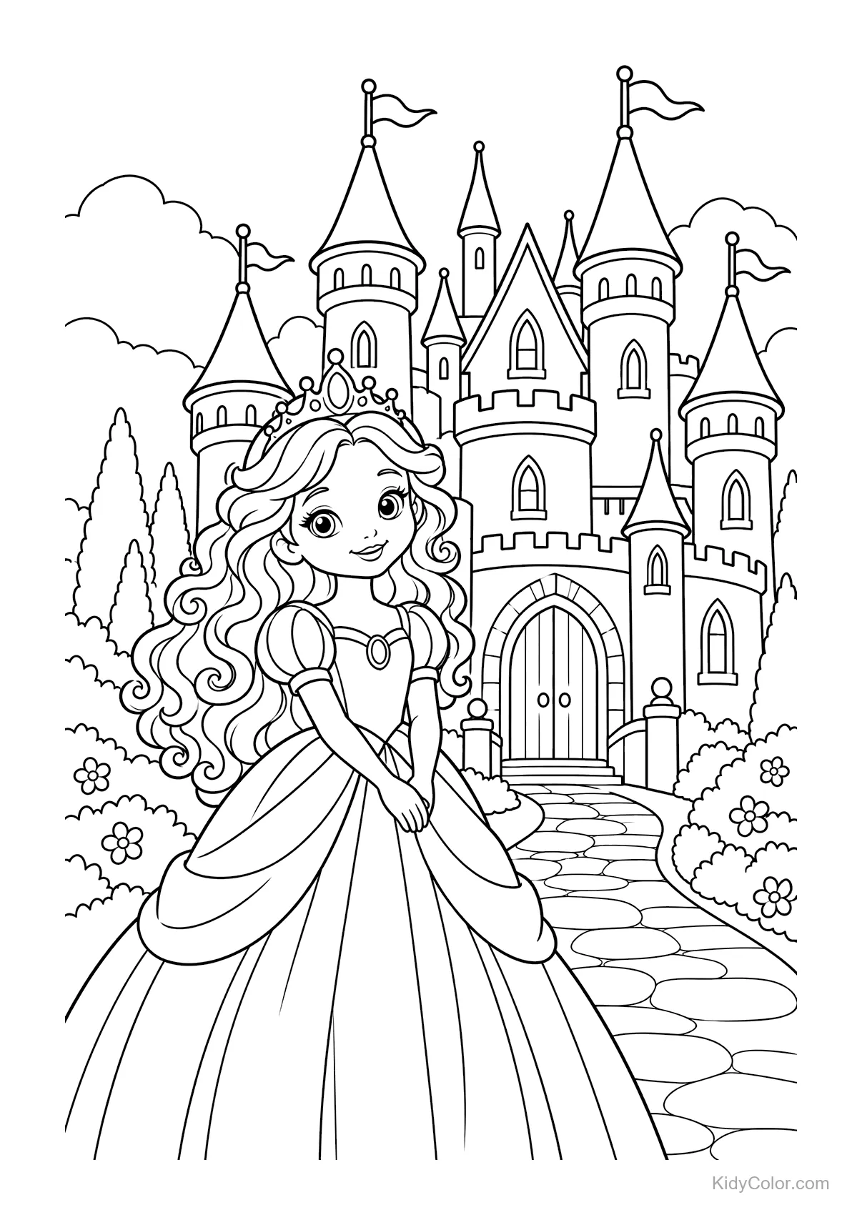 Una princesa de pie frente a un castillo de cuento con torres.