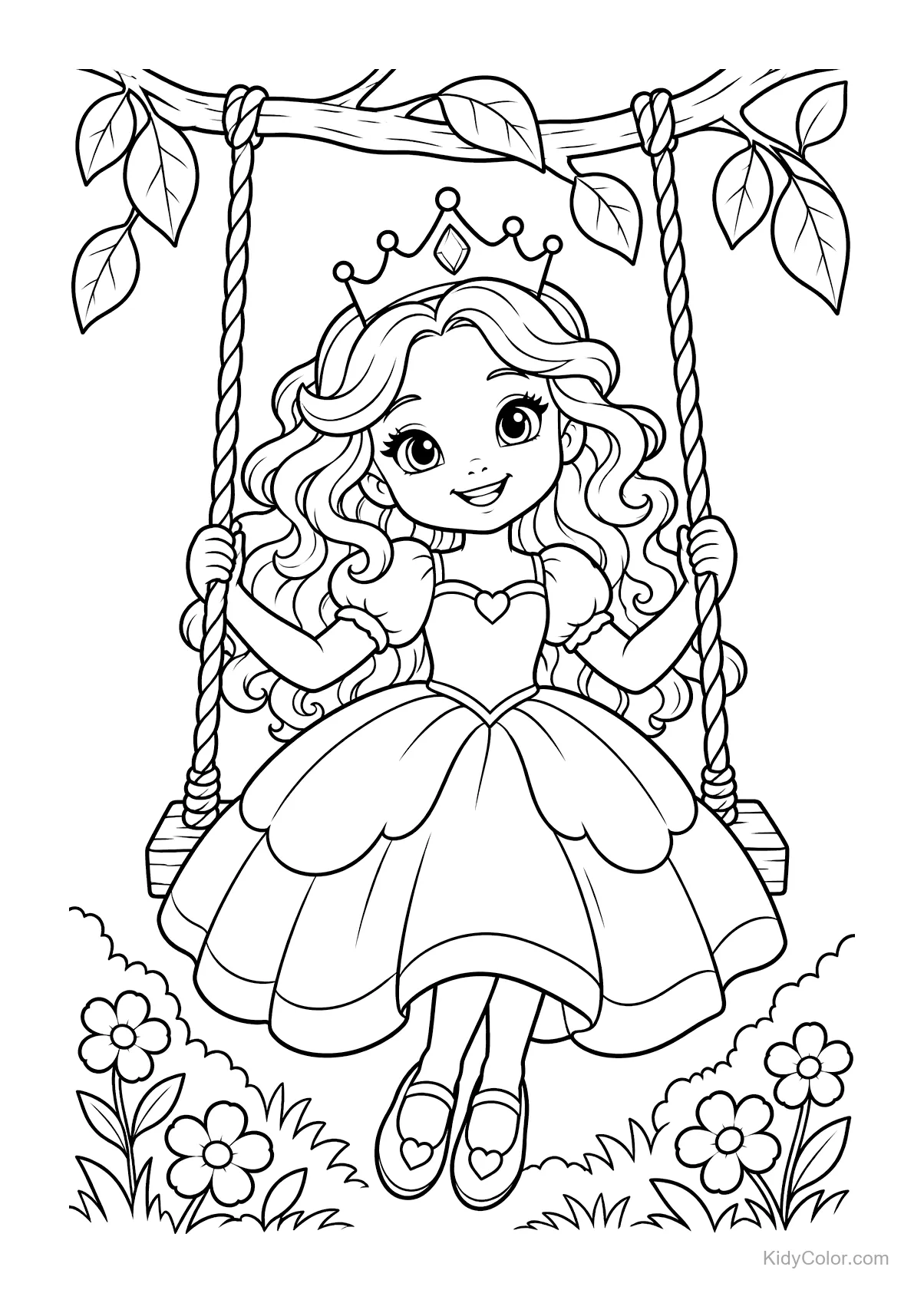Princesa en un columpio colgado de un árbol con flores.