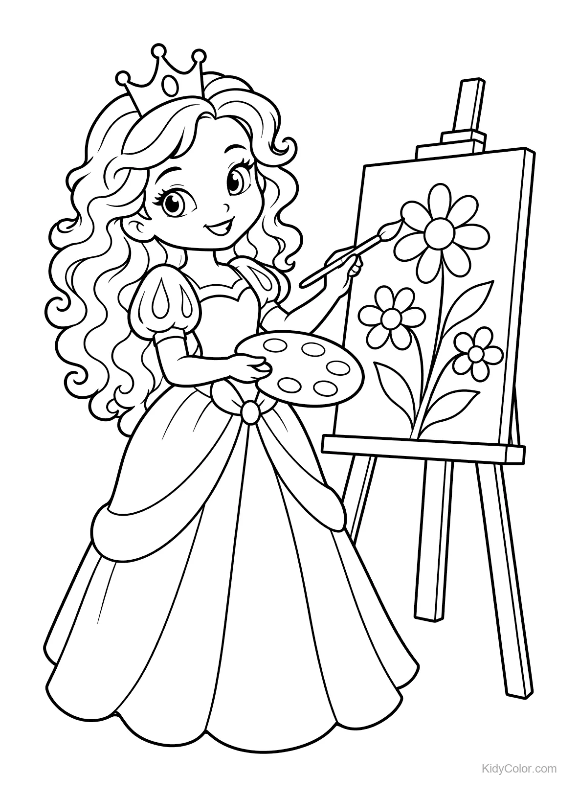 Princesa pintando flores en un caballete con una paleta en la mano.