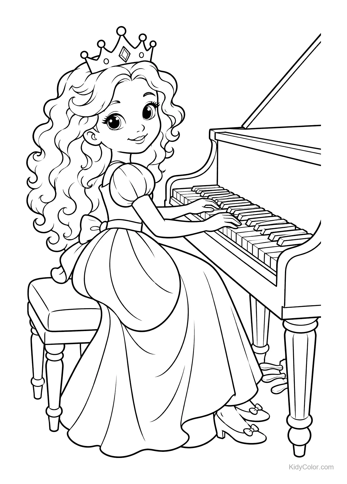 Princesa con vestido tocando un piano de cola, lleva una corona.