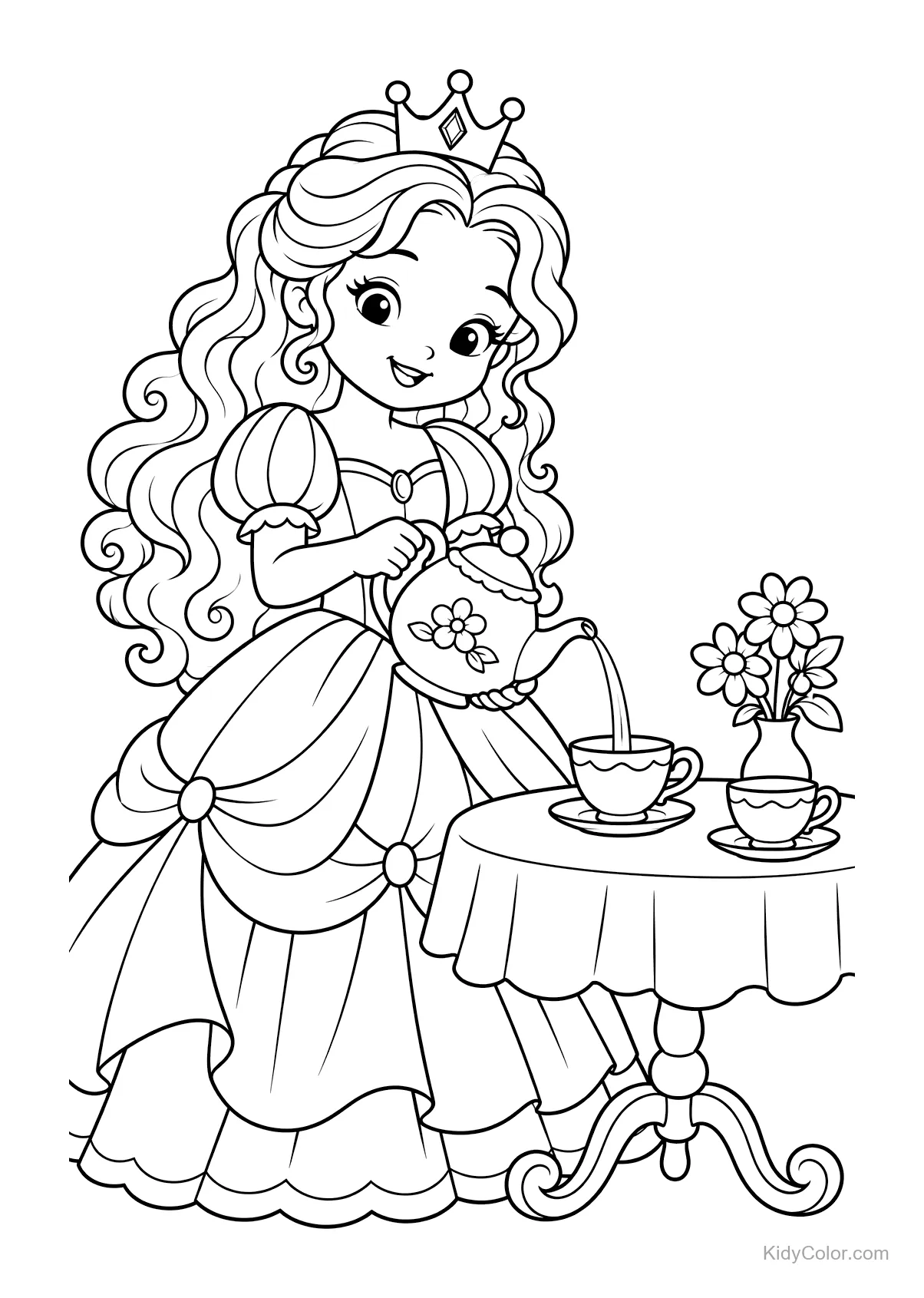 Princesa con cabello largo sirviendo té en una mesa con flores.