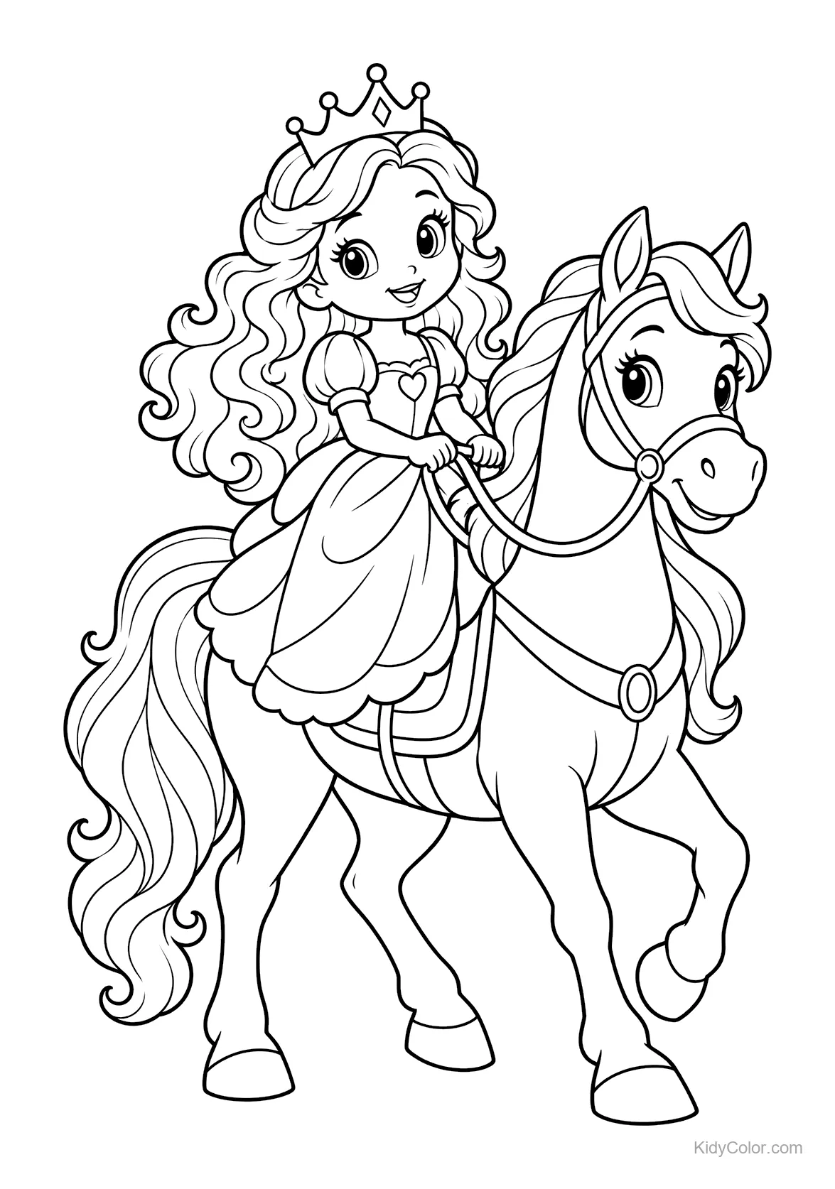 Prinses met een kroon rijdt op een paard, beiden glimlachen.