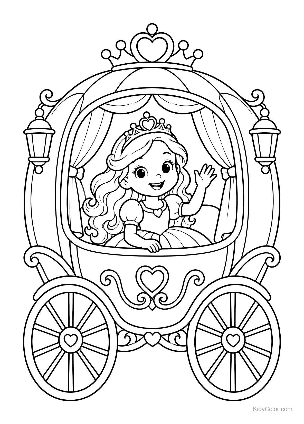 Prinses zwaait uit een koninklijke koets met gordijnen en lampen.