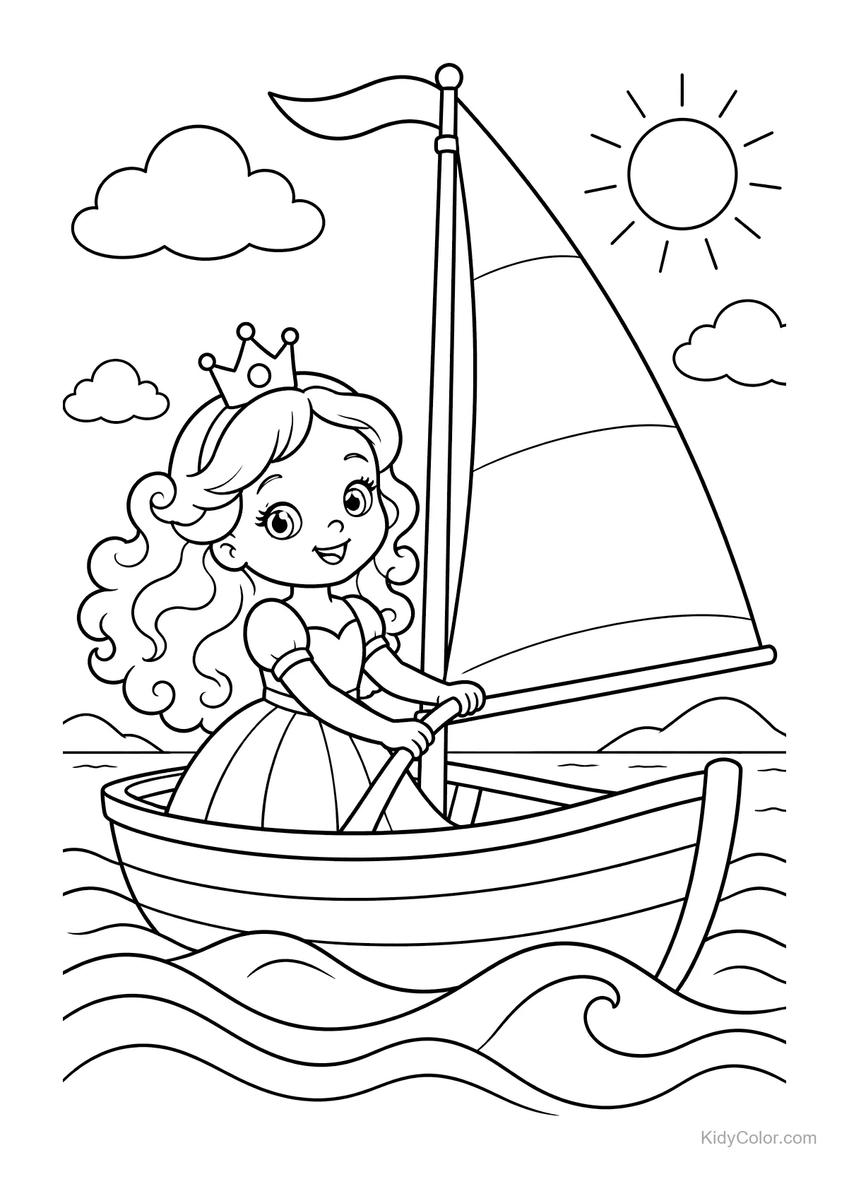 Princesa con corona en un velero bajo el sol en el mar.