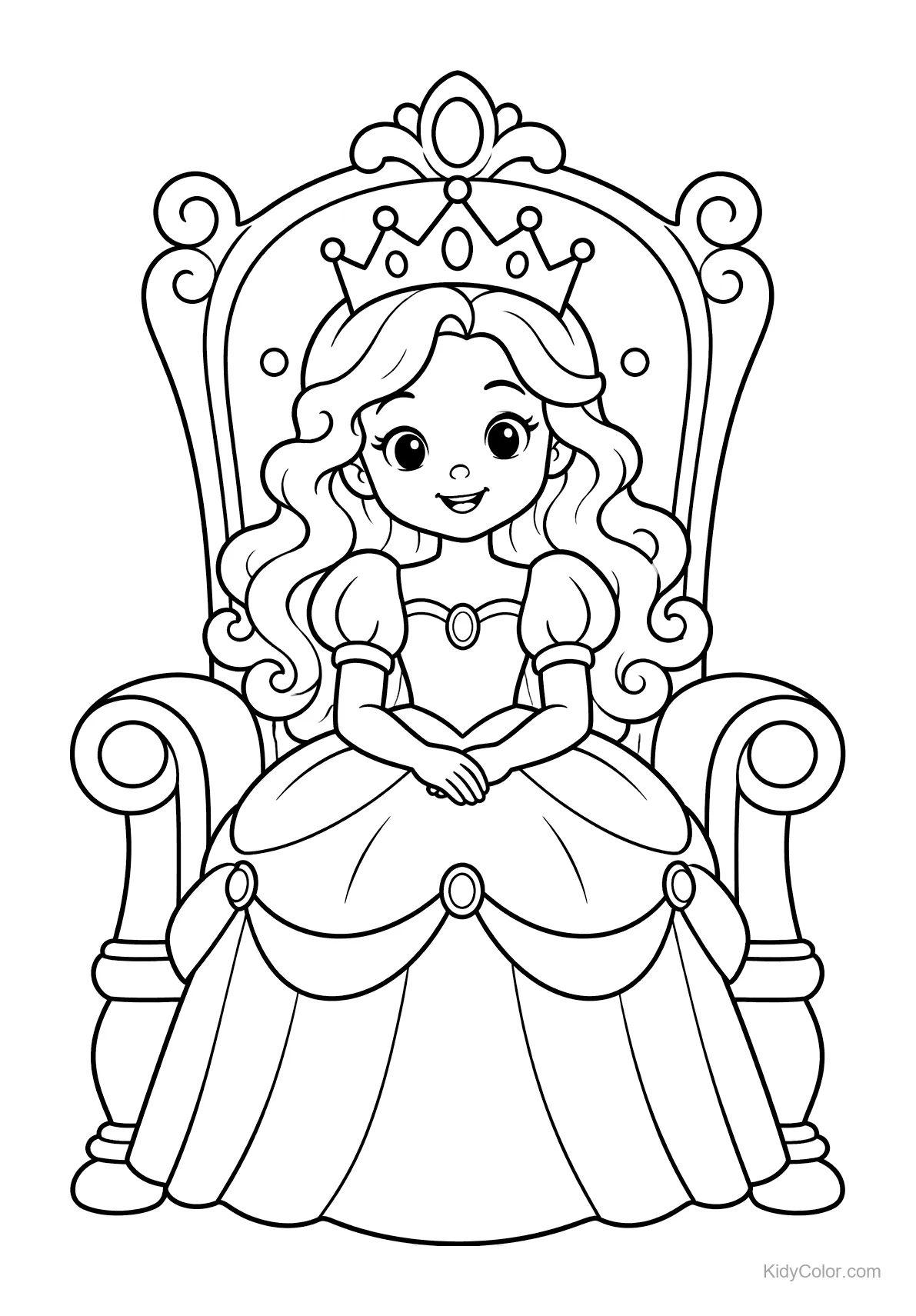 Prinses met lang haar zit op een grote sierlijke troon.