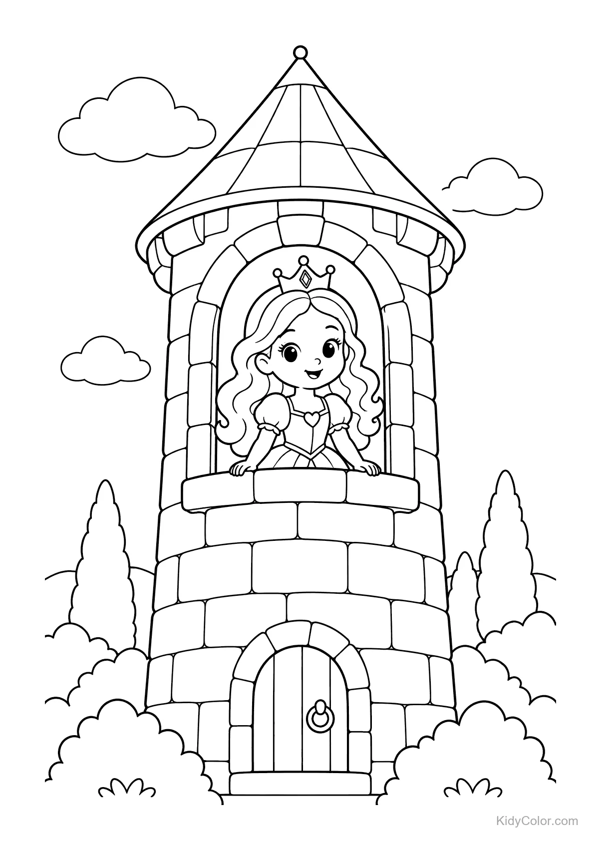 Prinses glimlacht vanuit een kasteeltoren met wolken en bomen.