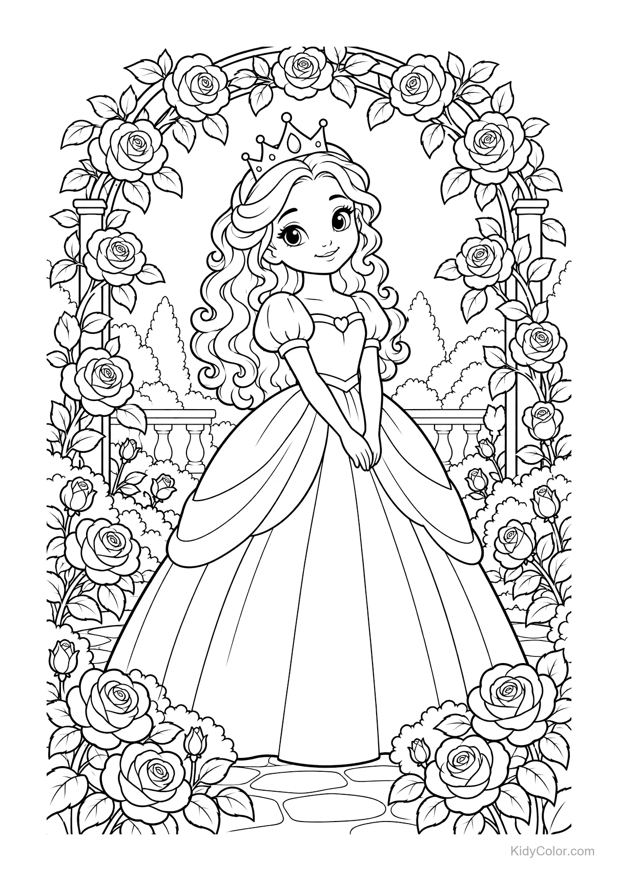 Princesa con corona en un jardín de rosas, arco arriba.