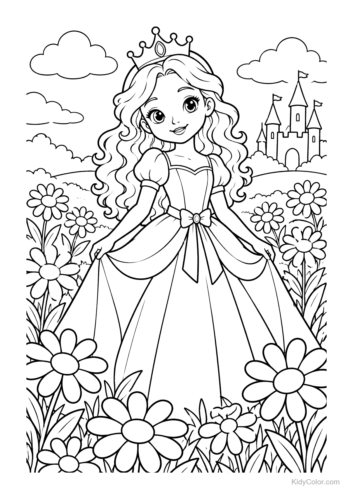 Princesa con cabello largo en un campo de margaritas con un castillo detrás.