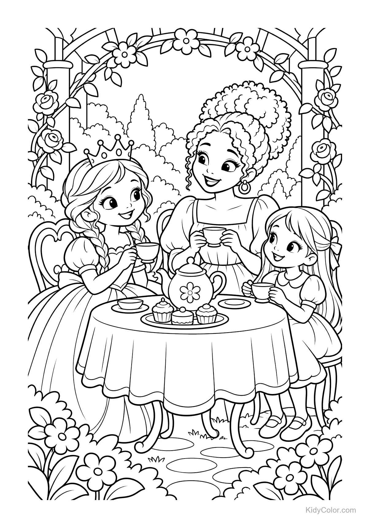 Princesas tomando té en un jardín con tetera y pastelitos.