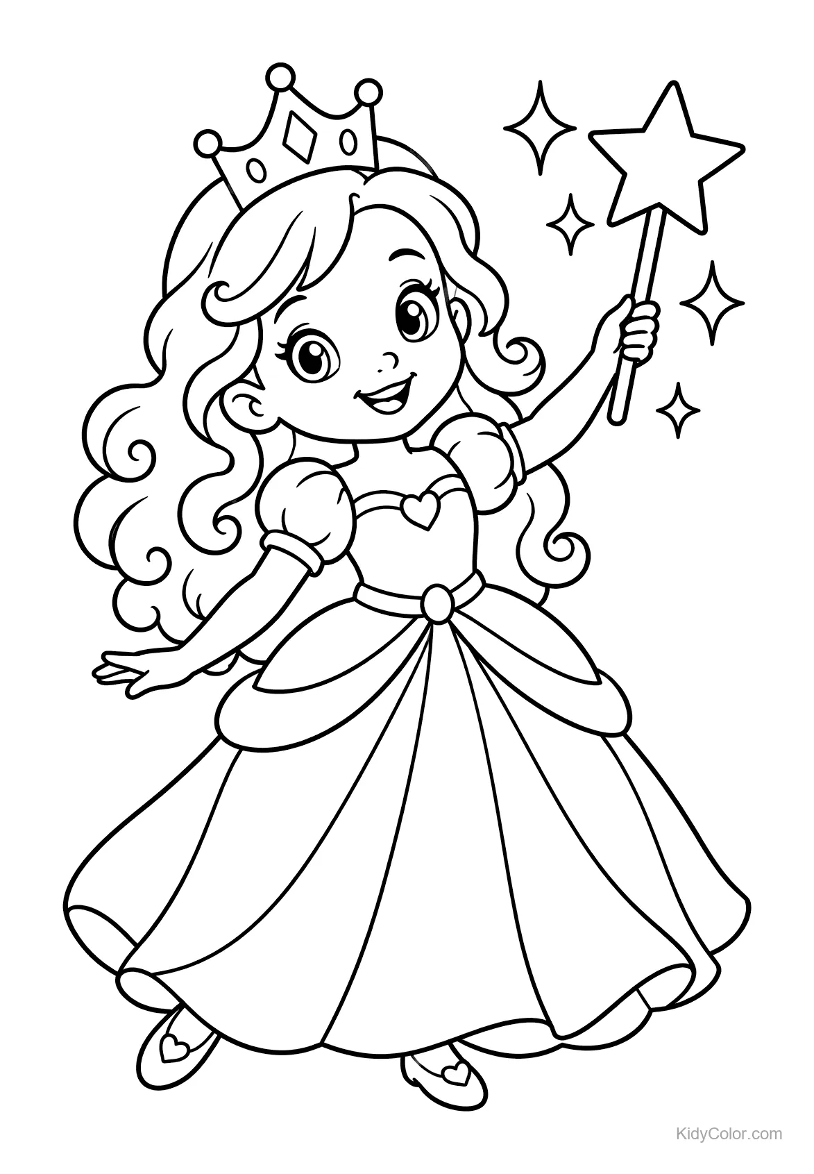 Princesa con corona sosteniendo una varita mágica, estrellas cerca.