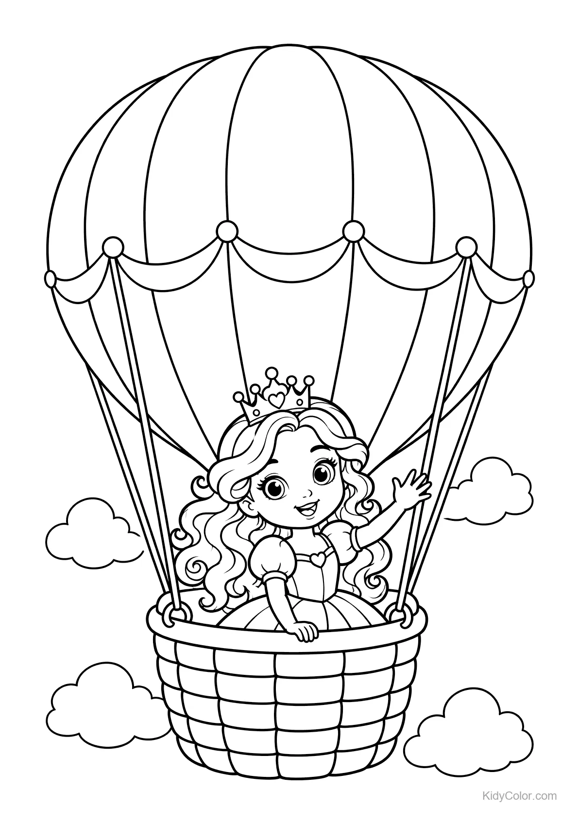 Princess in a hot air balloon waving among clouds.