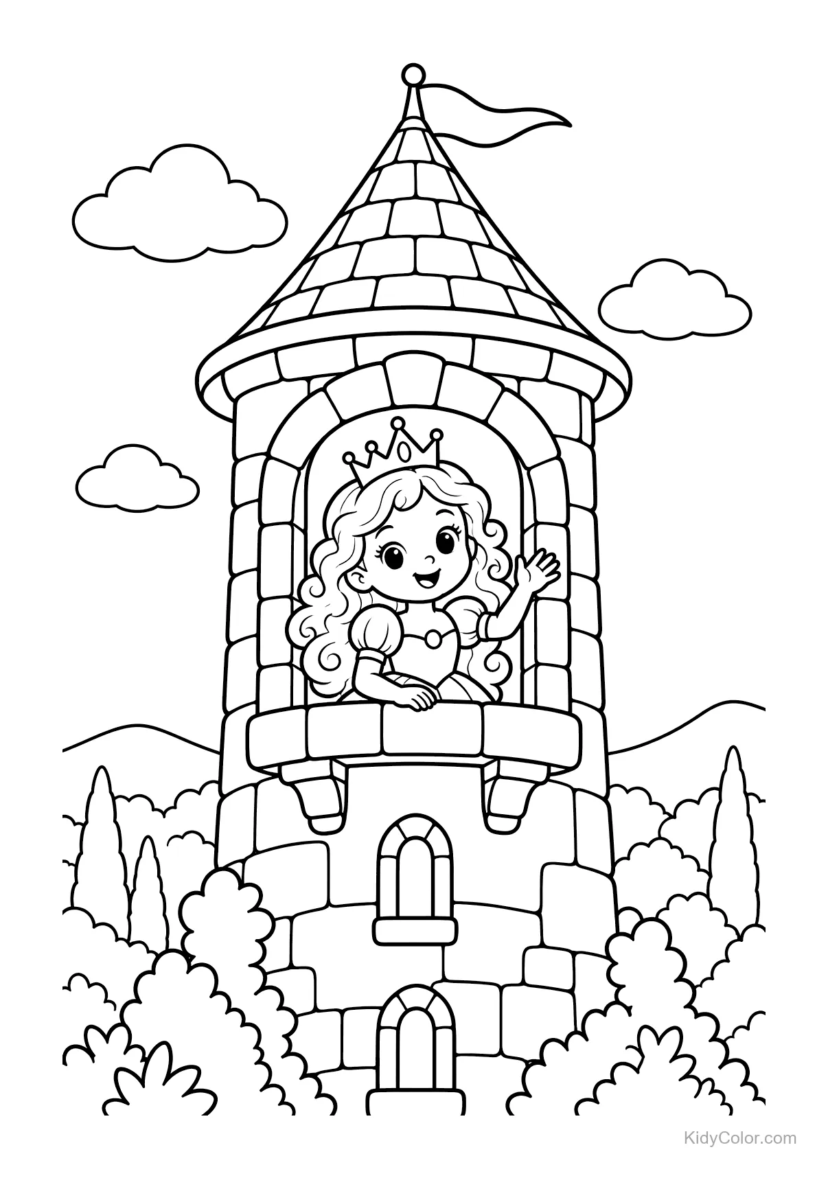 Prinzessin winkt aus einem Schlossturm, umgeben von Bäumen.