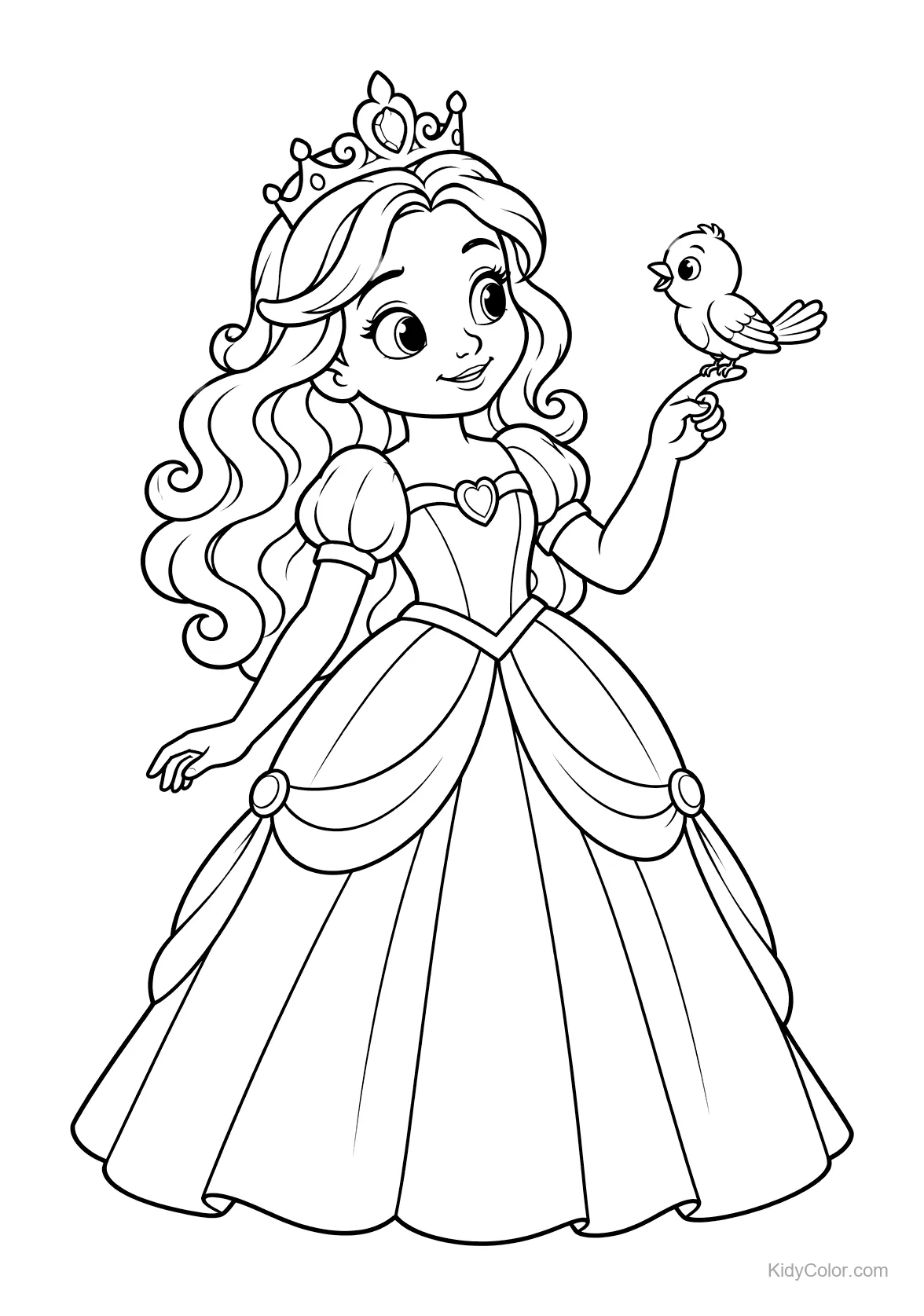 Princesa de cabelo longo e coroa com pássaro no dedo.