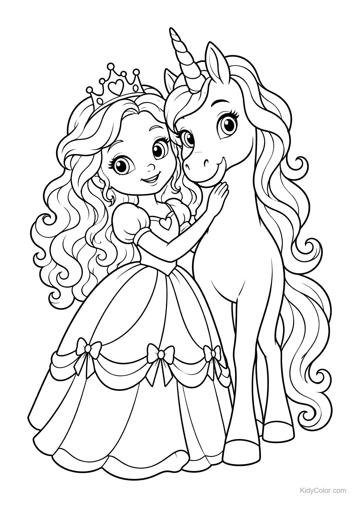 Princess standing beside a unicorn with flowing mane.