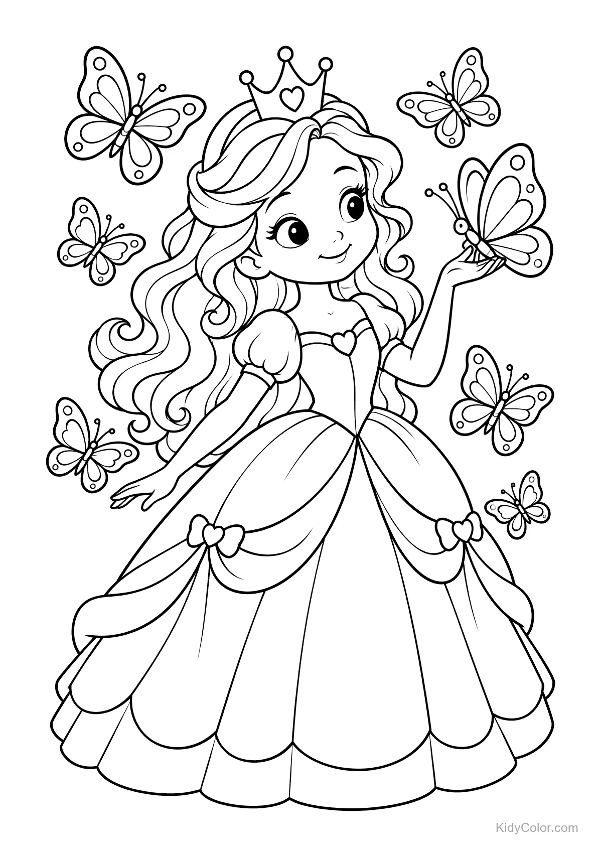A princess with long hair and a crown holding a butterfly, surrounded by more butterflies.