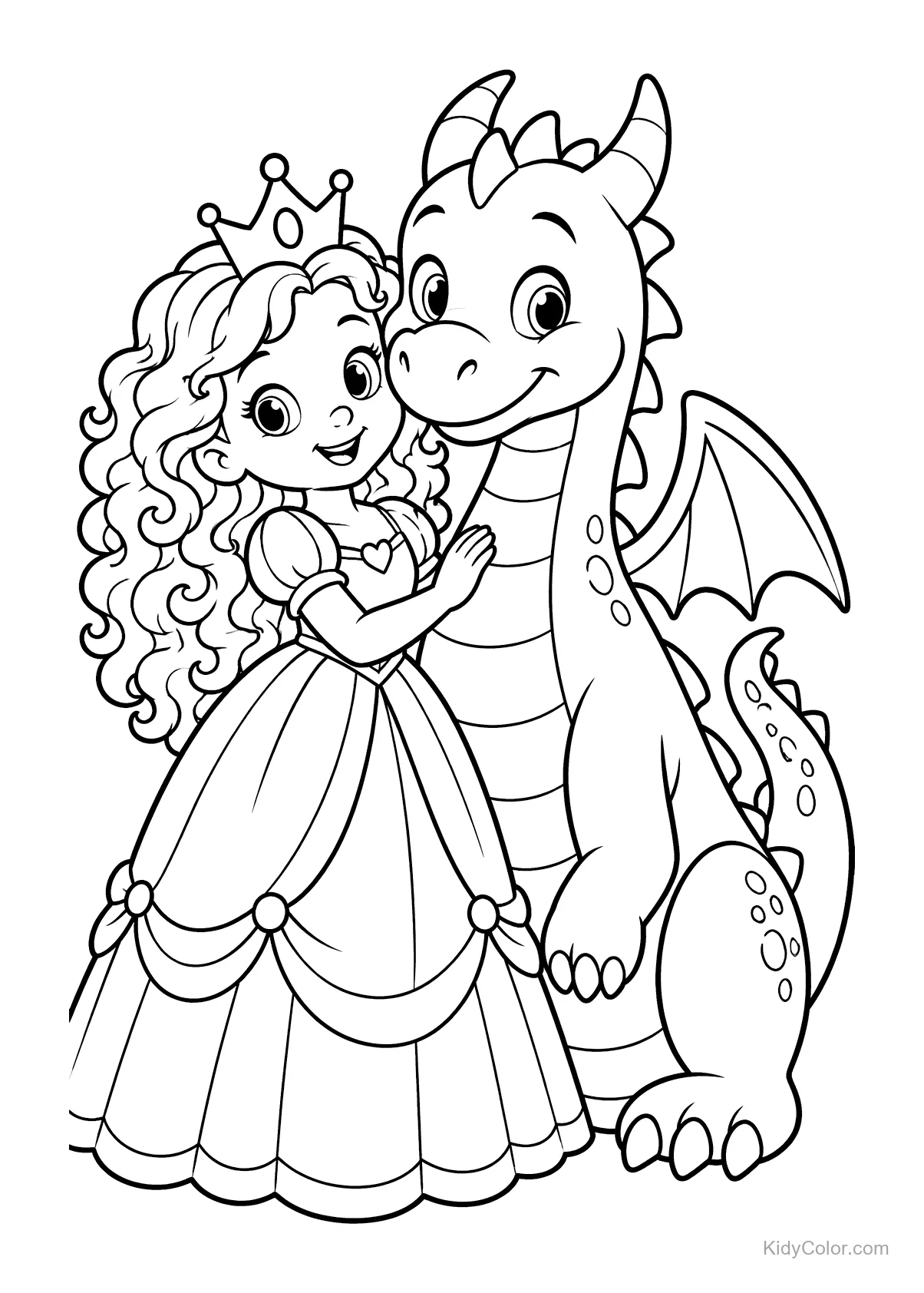 Princesa junto a un dragón amistoso, ambos sonriendo.