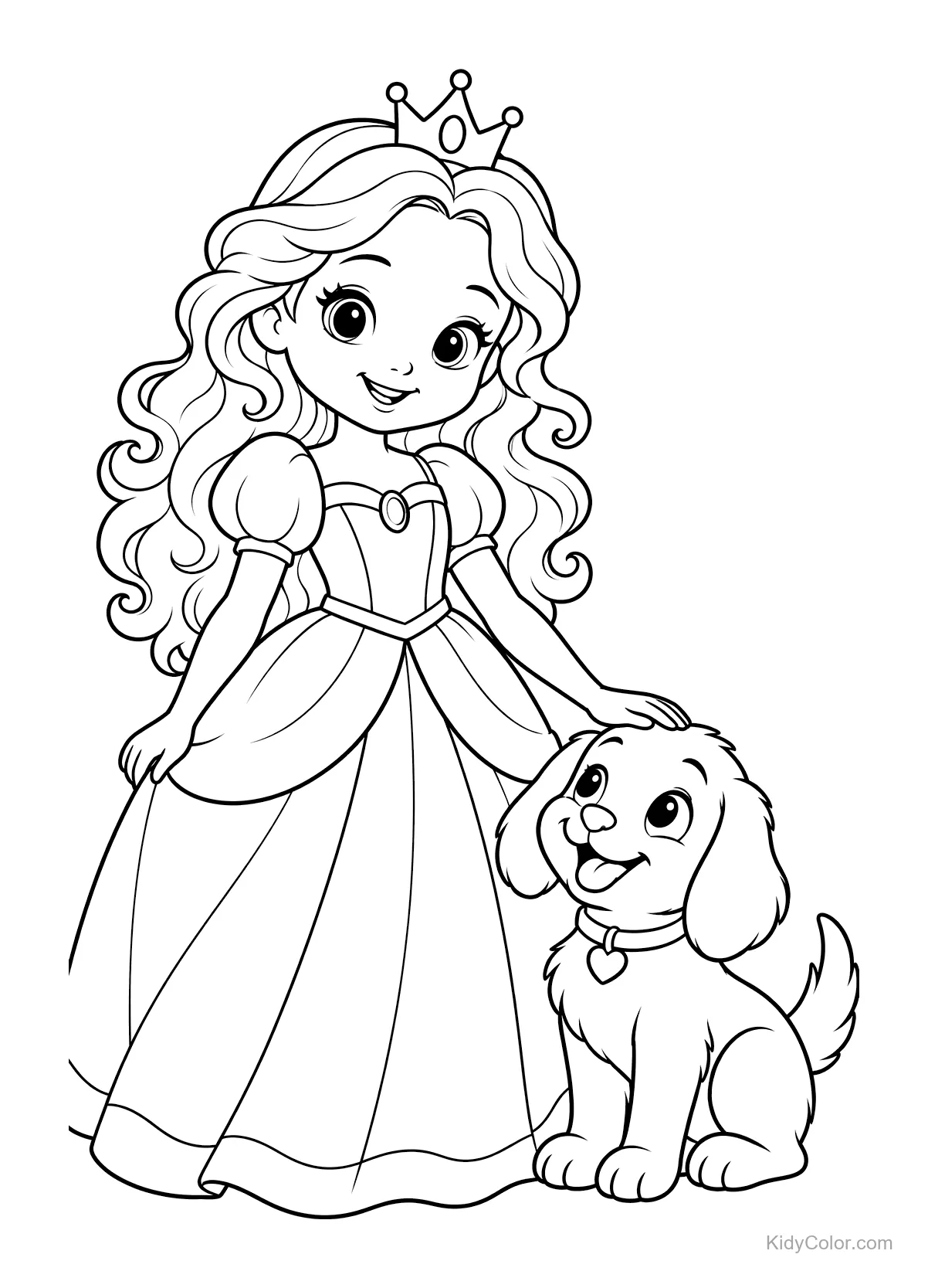 Prinses met kroon aait een vrolijk hondje