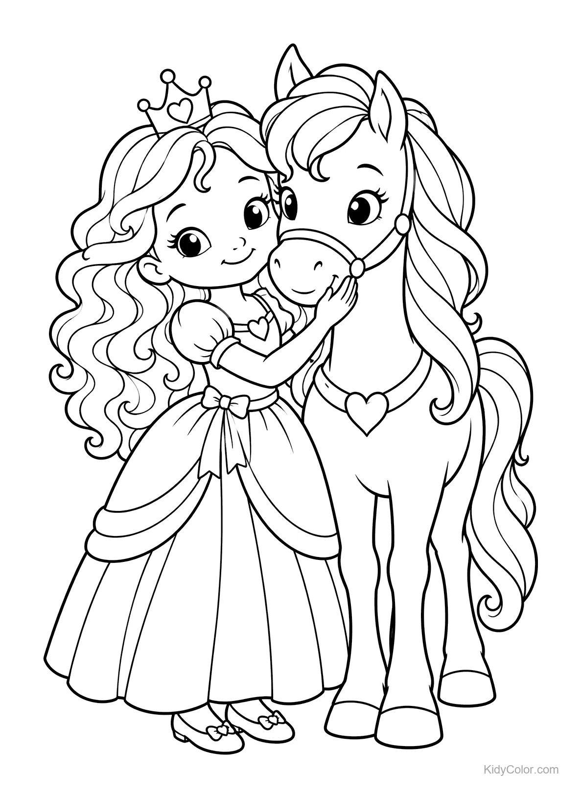Prinzessin in einem Kleid umarmt ein Pony mit Krone.