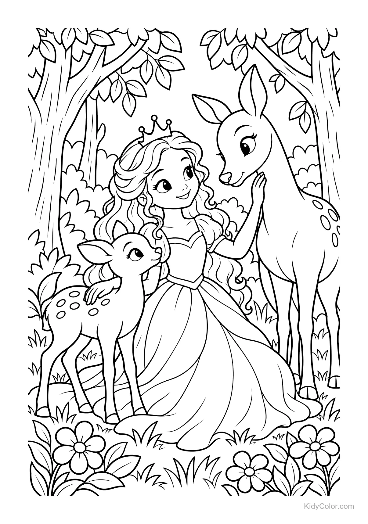 Princesa con corona sentada en el bosque con dos ciervos.