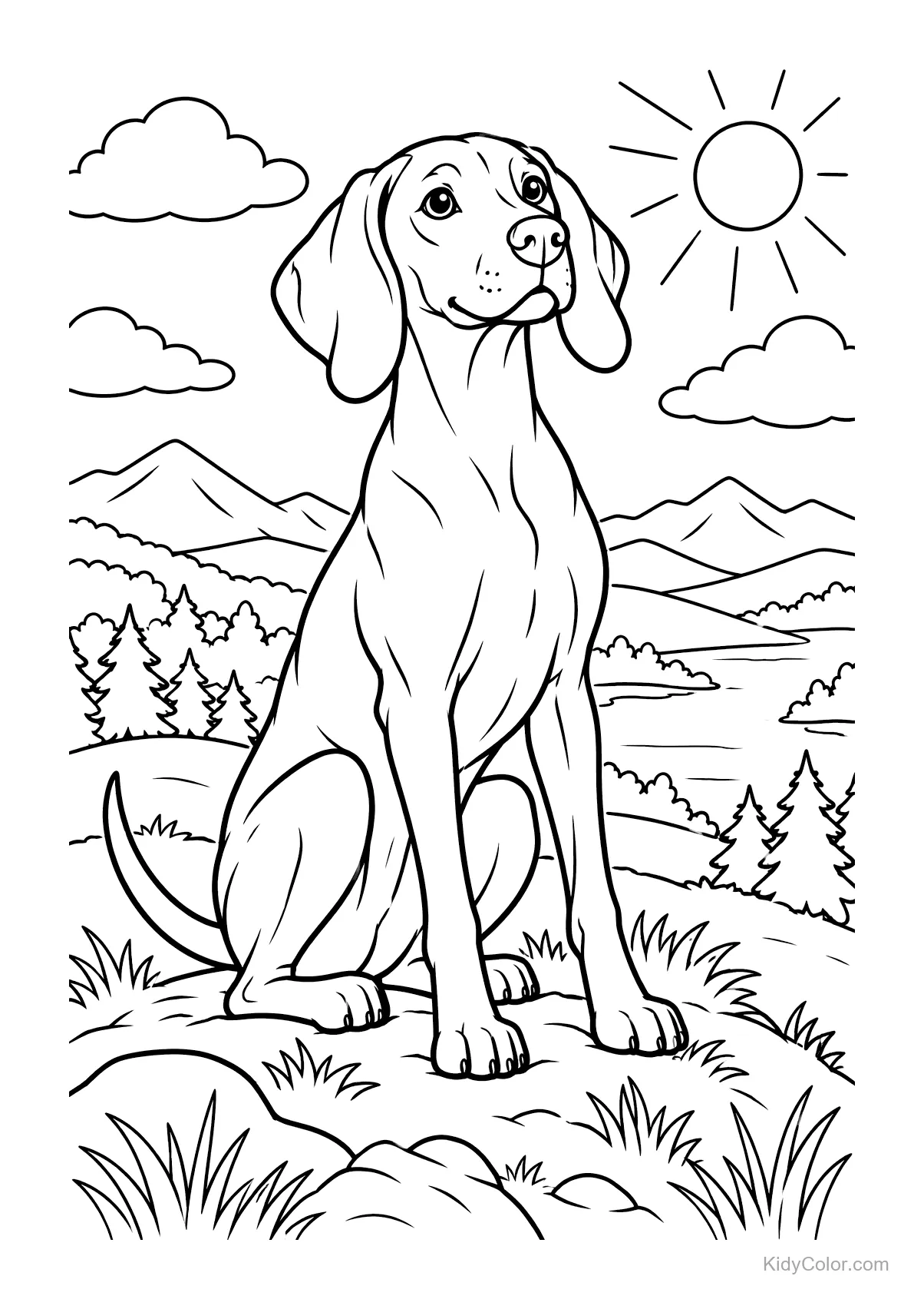 A Vizsla sitting on a hill with mountains and sun in the background.