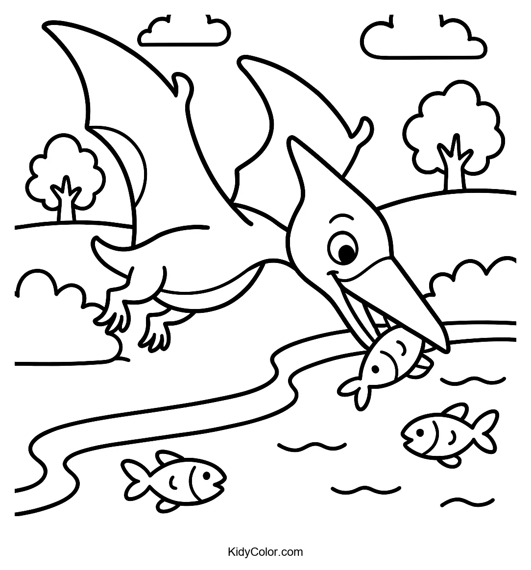 Pterodactyl catching fish by the river