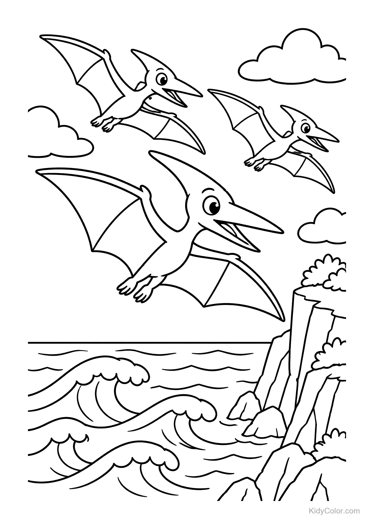 Three pterosaurs flying over ocean waves and rocky cliffs.