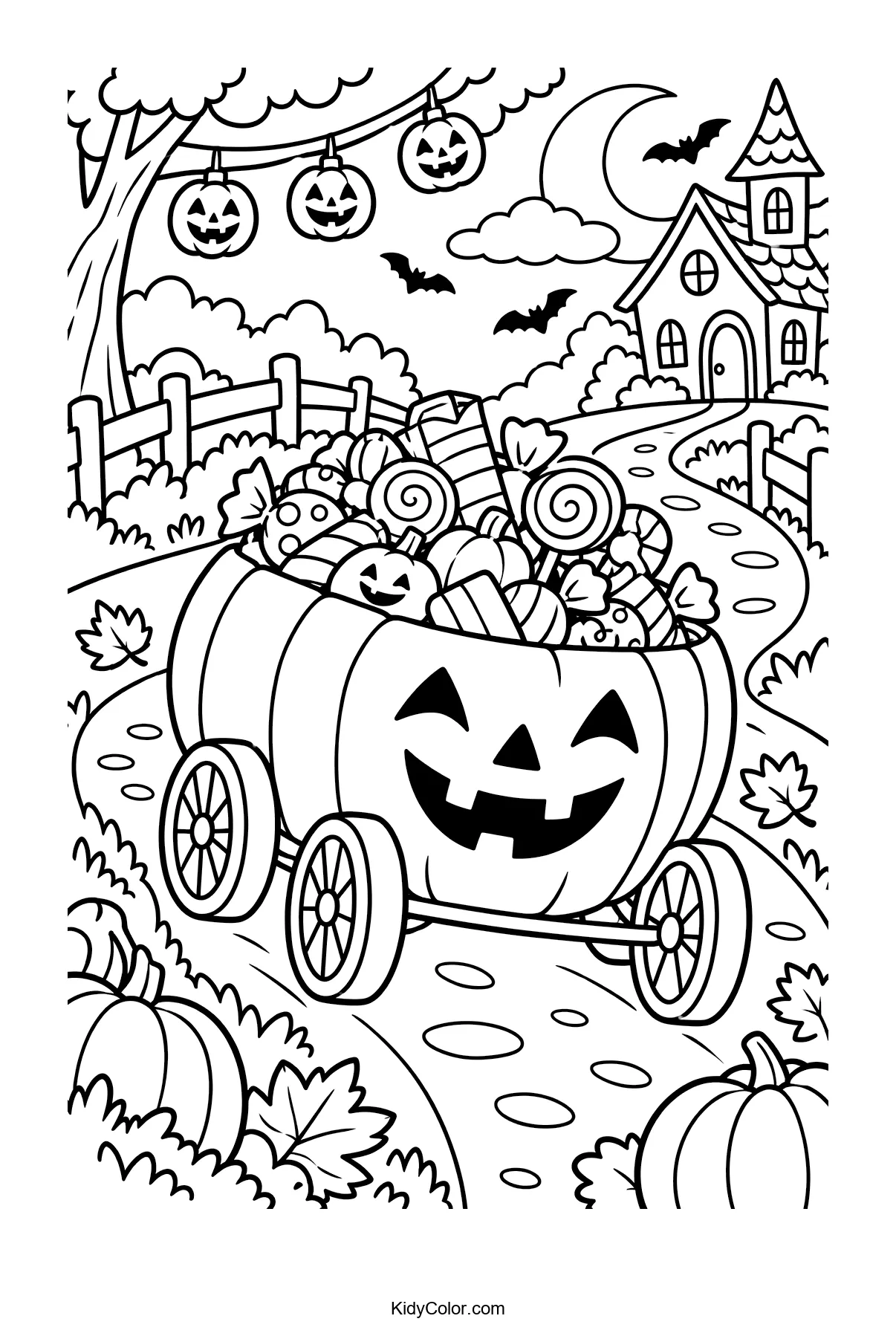 Pumpkin-shaped wagon filled with candy on a Halloween path.