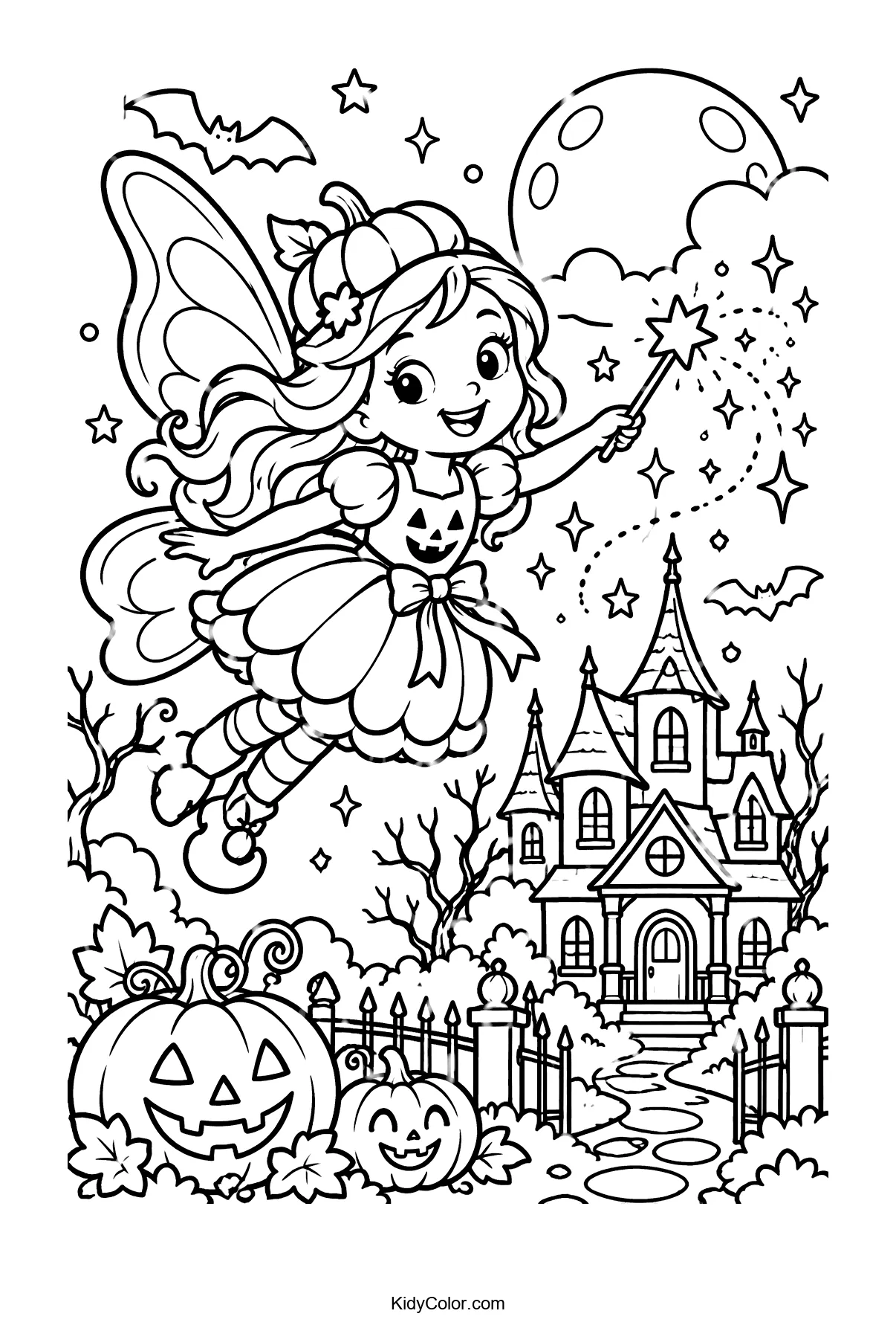 Pumpkin fairy with wand flies over a haunted house with pumpkins.