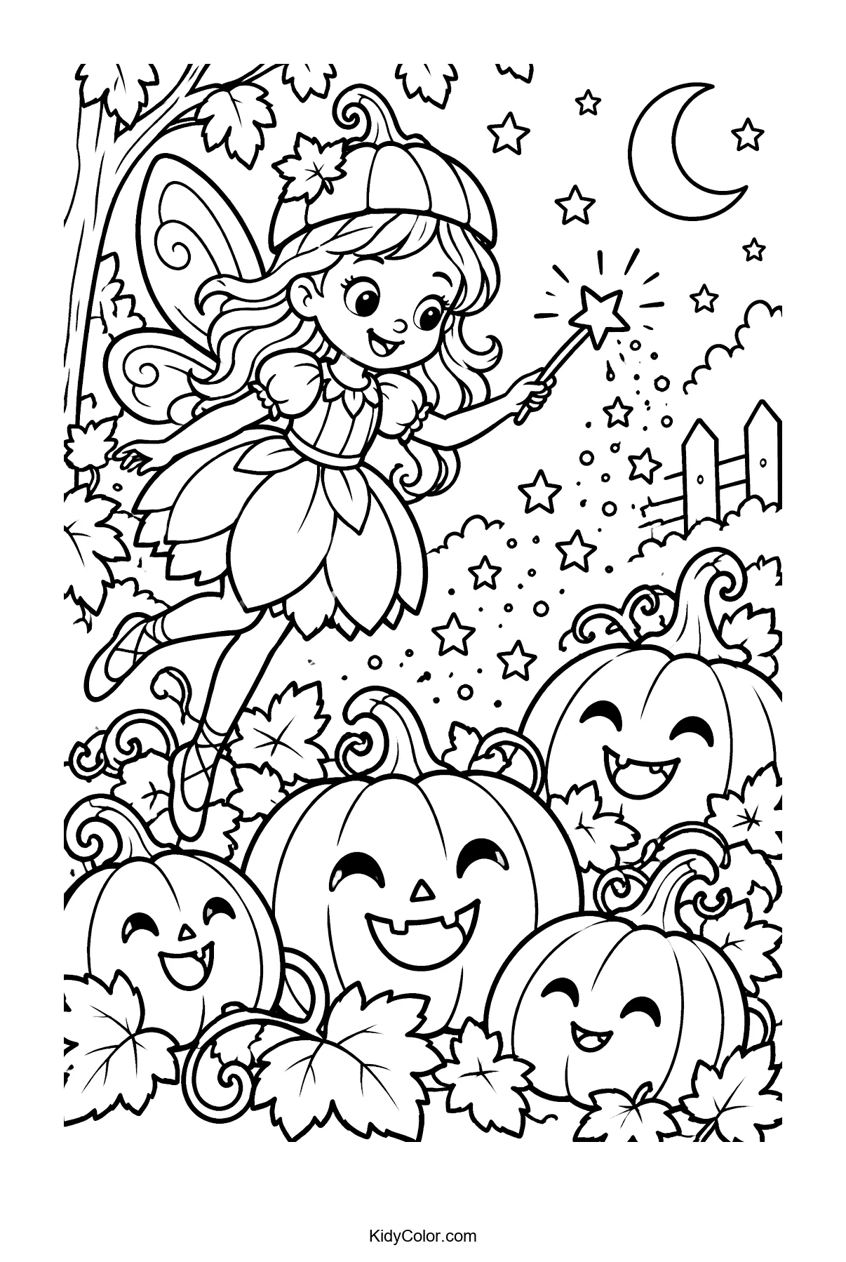Fairy in moonlight with wand, surrounded by smiling pumpkins.