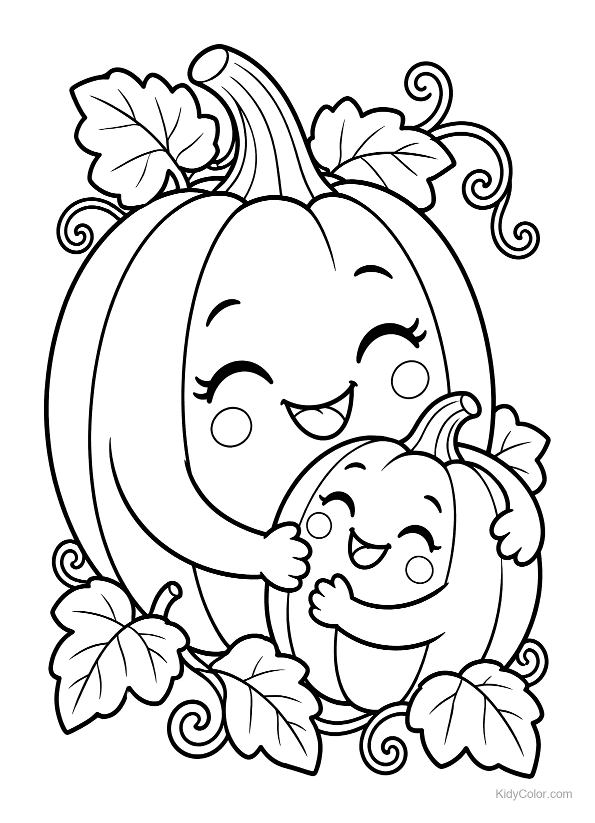 A large pumpkin hugging a smaller pumpkin, both smiling, with leaves.