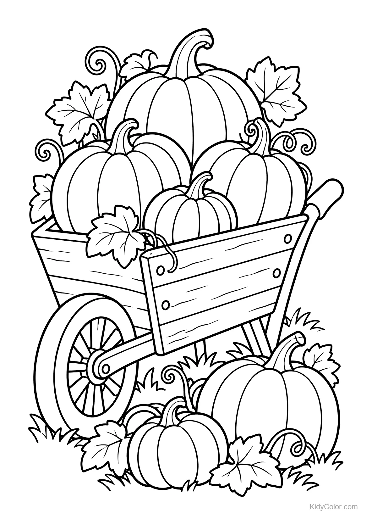A wheelbarrow filled with pumpkins and surrounded by leaves.