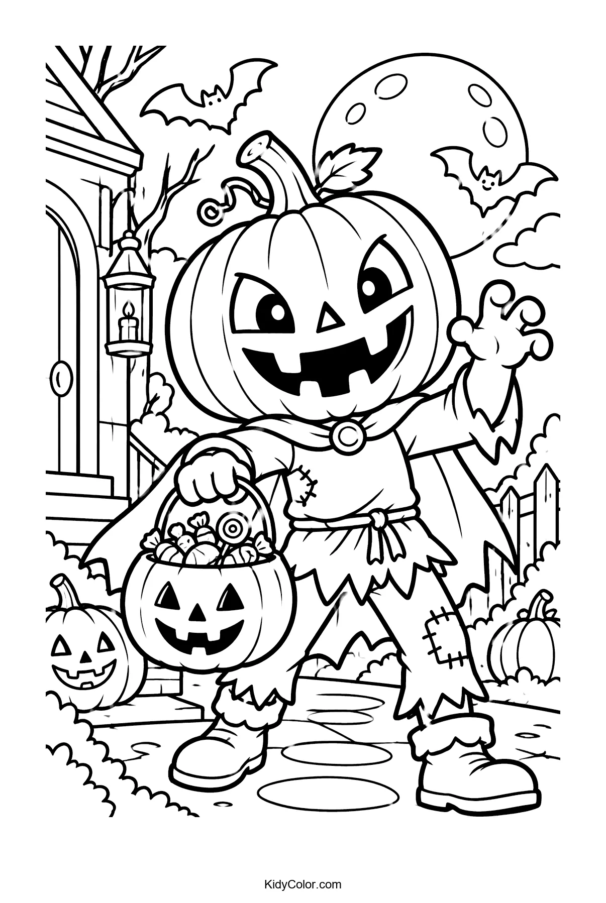 Pumpkin-headed child trick-or-treater near a spooky manor with a basket of candy.