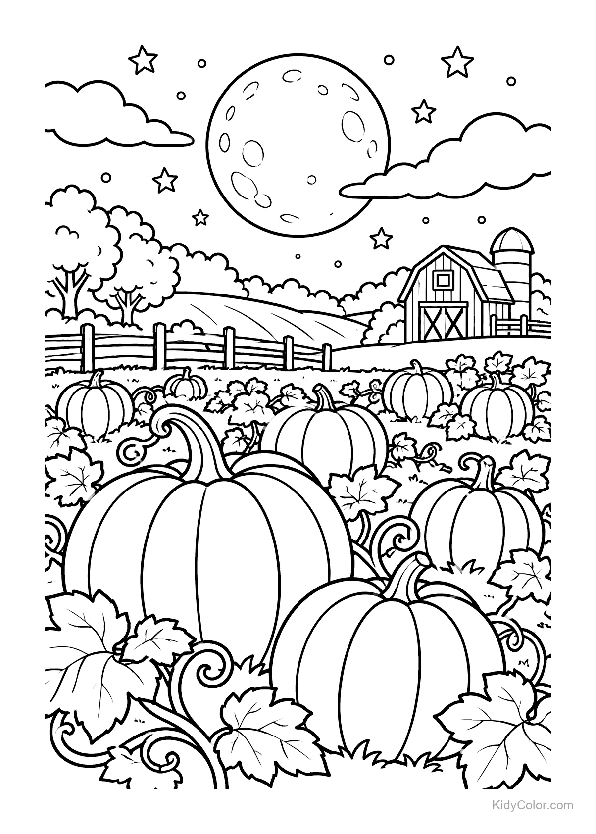 Large pumpkins in a patch with a moonlit sky and a barn.