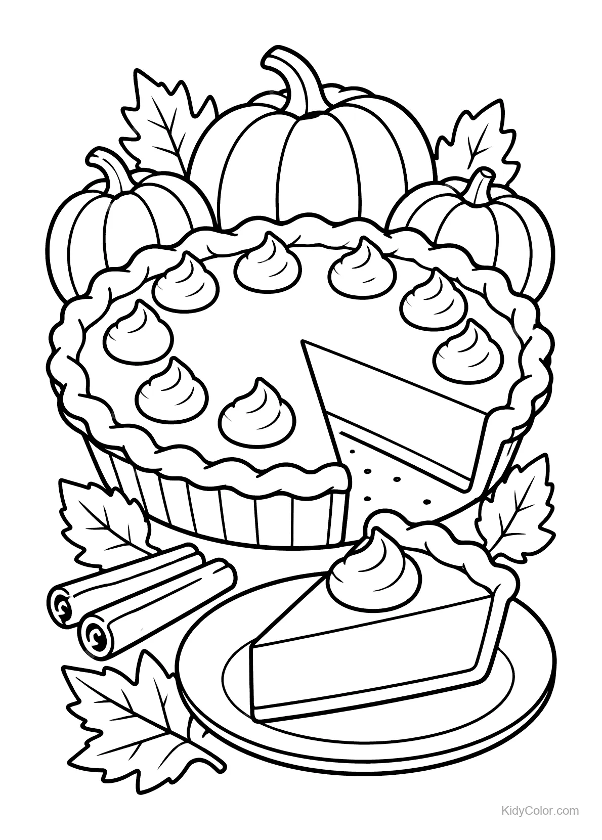 Pumpkin pie with whipped topping, pumpkins, and autumn leaves.