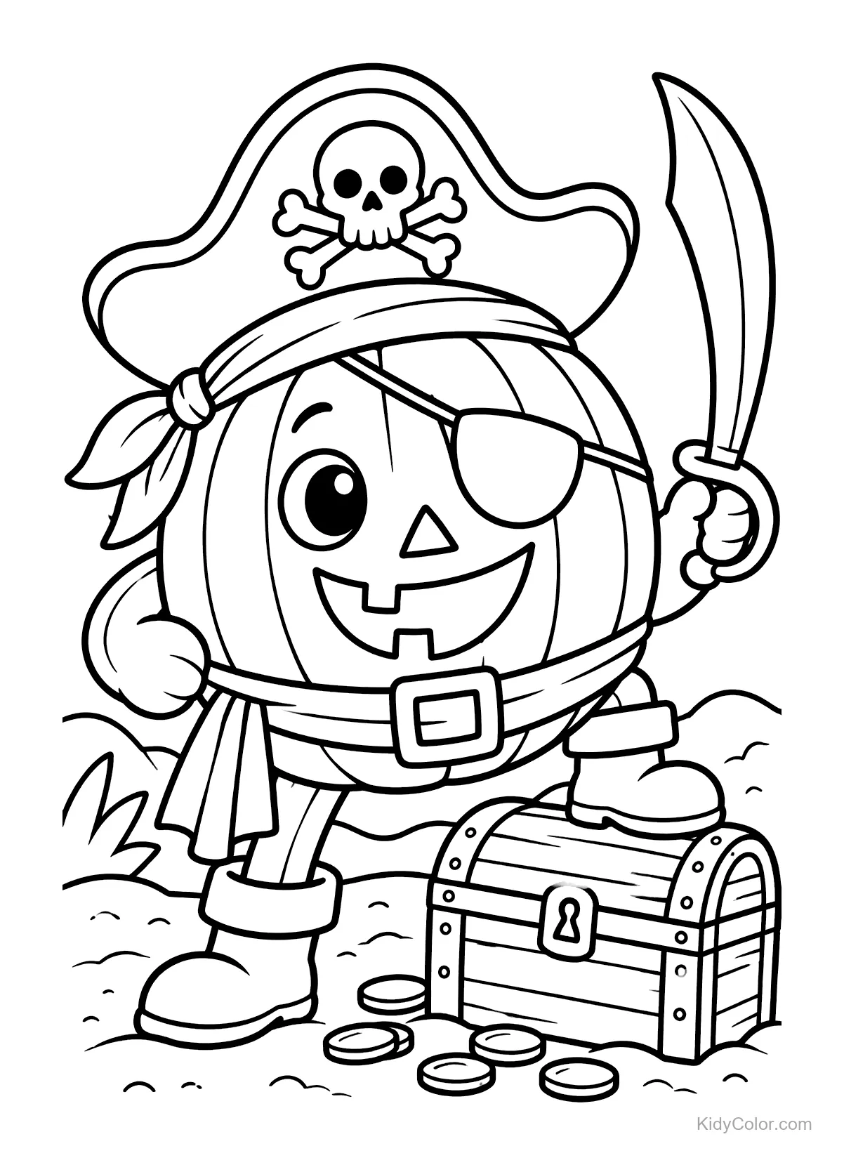 Pumpkin pirate wearing a hat and eye patch, holding a sword next to a treasure chest with coins.