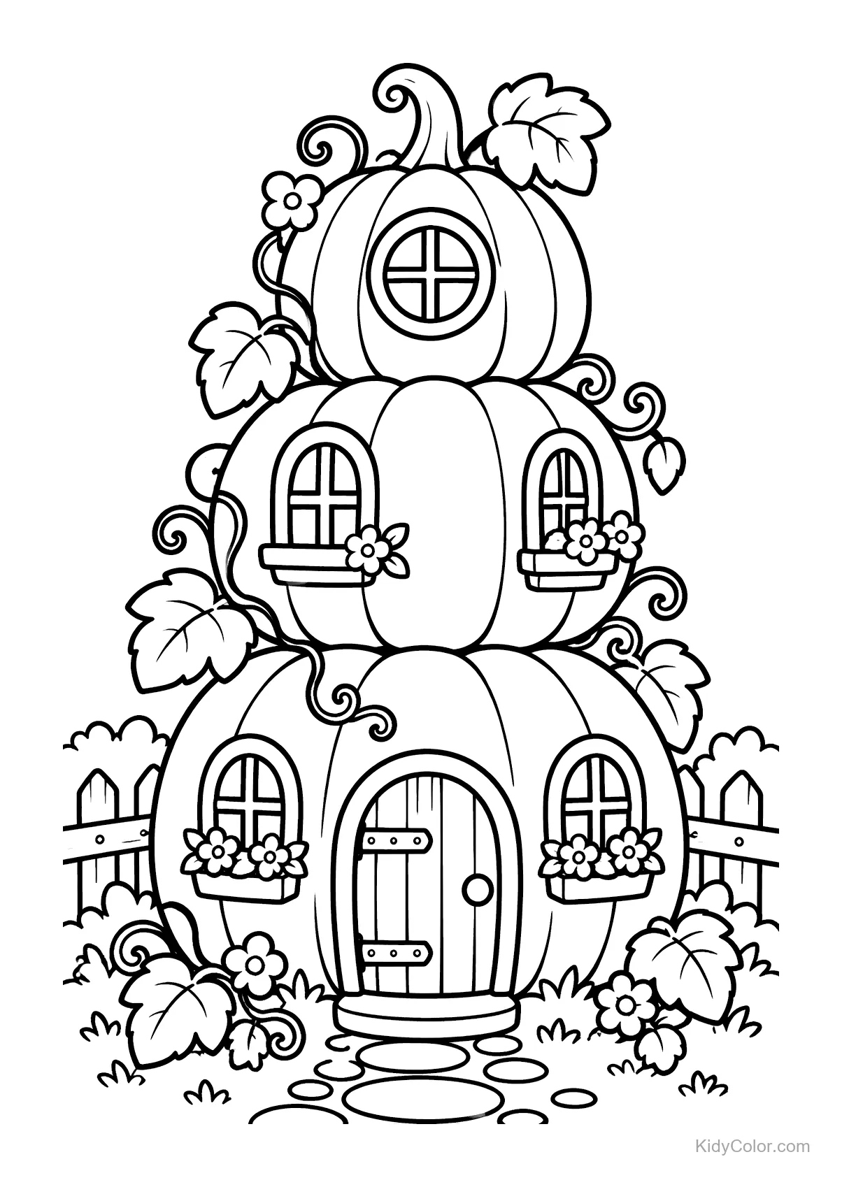 A two-story garden house made of pumpkins with vines and flowers.