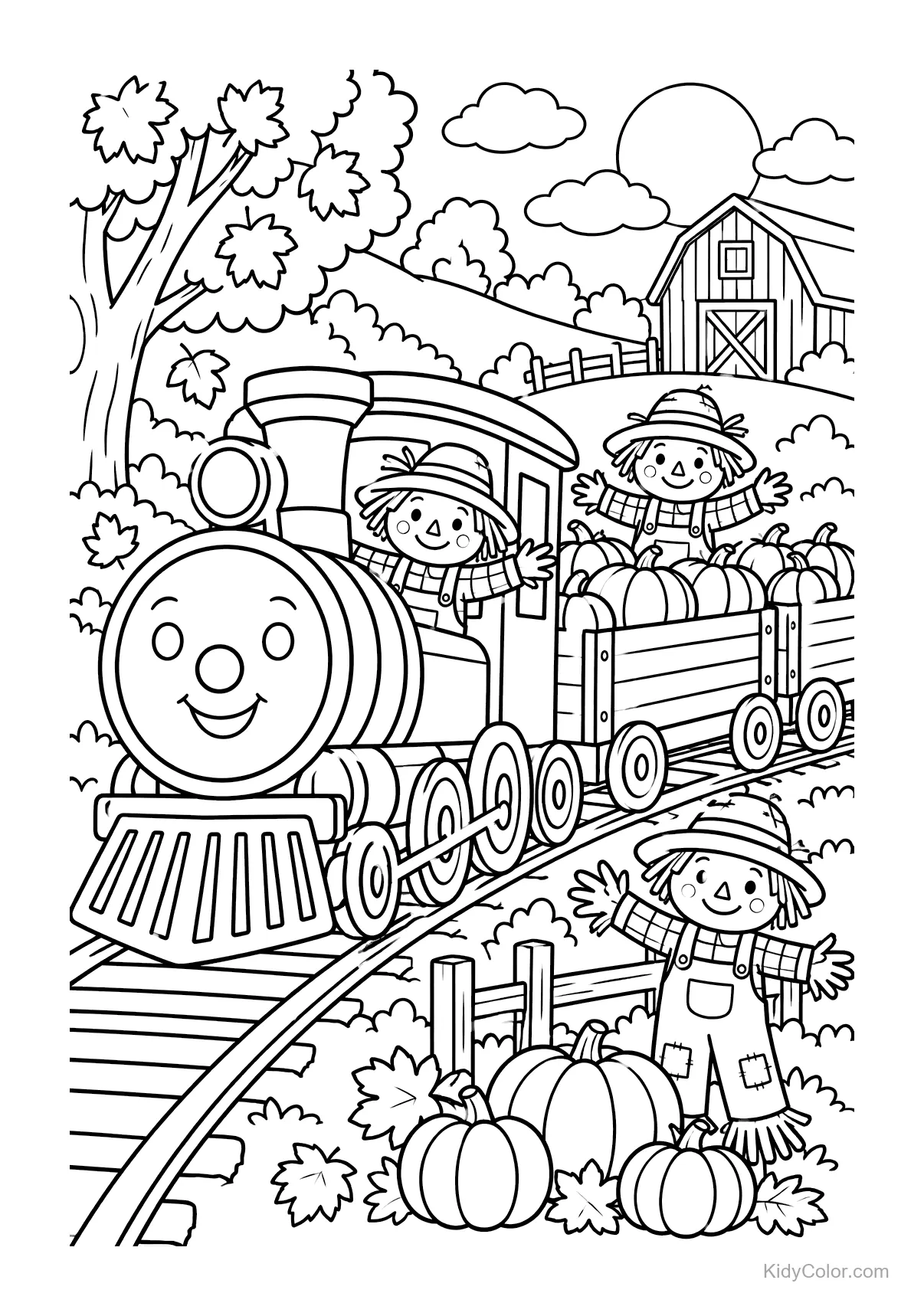 Train carrying pumpkins with friendly scarecrows on board.