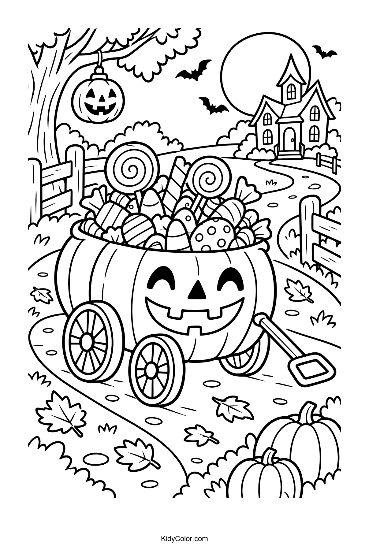 A pumpkin wagon filled with candy, bats, a spooky house, and a full moon.