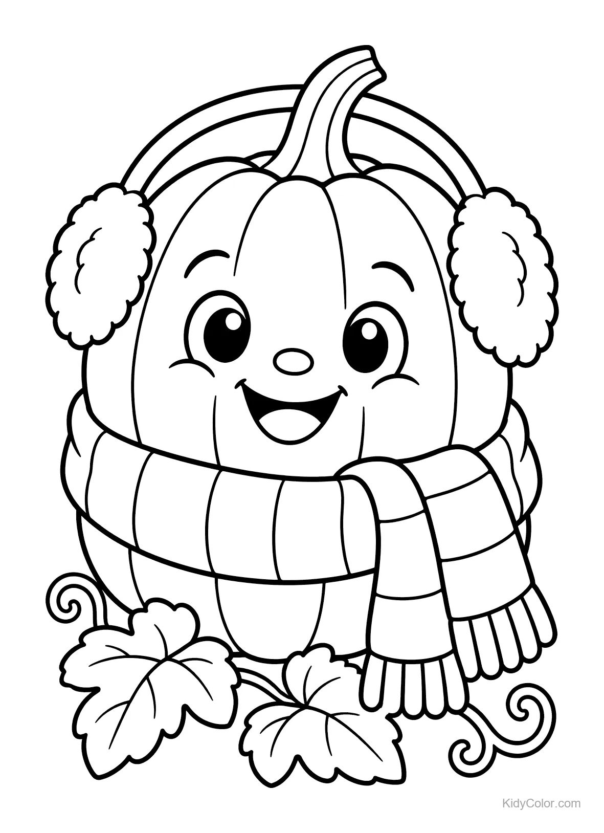 Pumpkin wearing a scarf and earmuffs, with leaves around it.