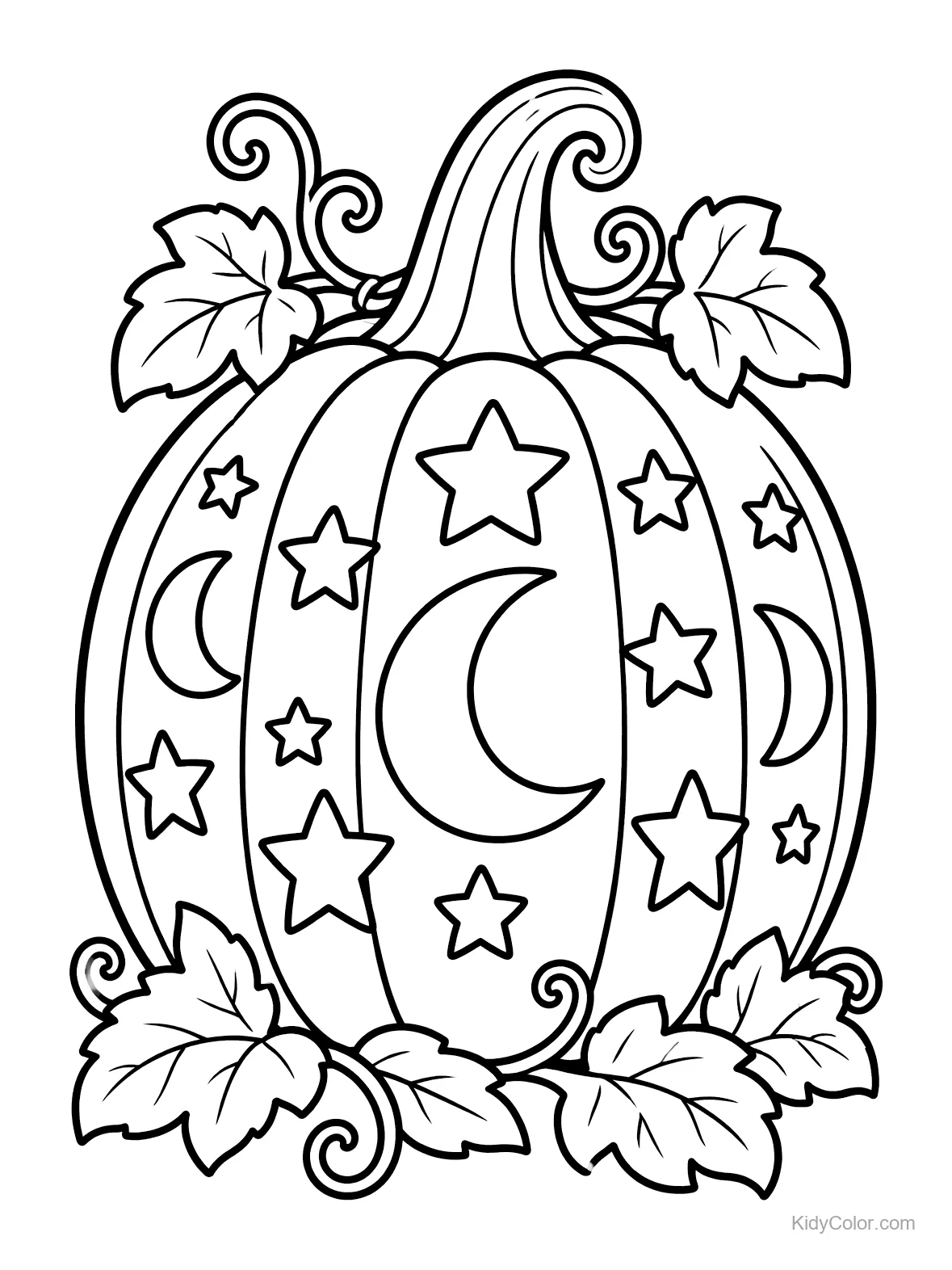 Abóbora decorada com luas crescentes e estrelas, cercada por folhas.