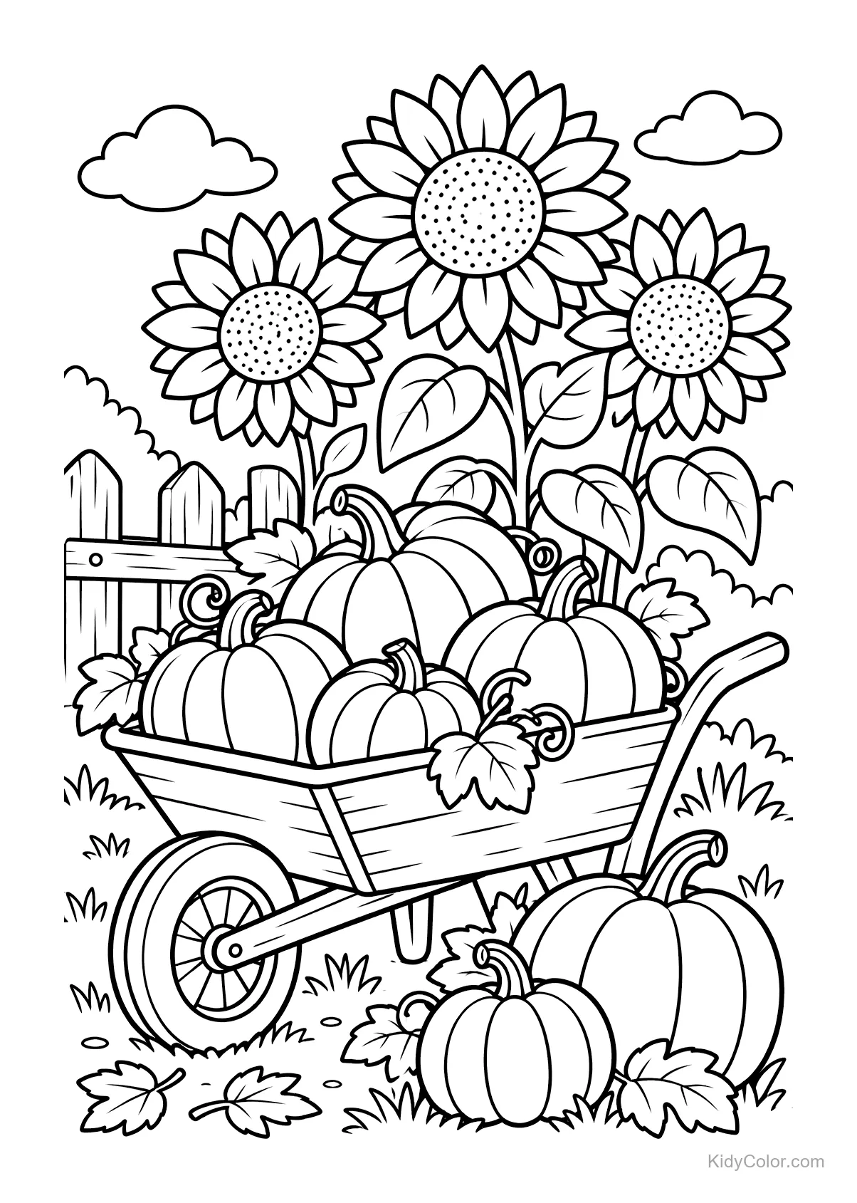 A wheelbarrow with pumpkins next to three tall sunflowers in a garden.