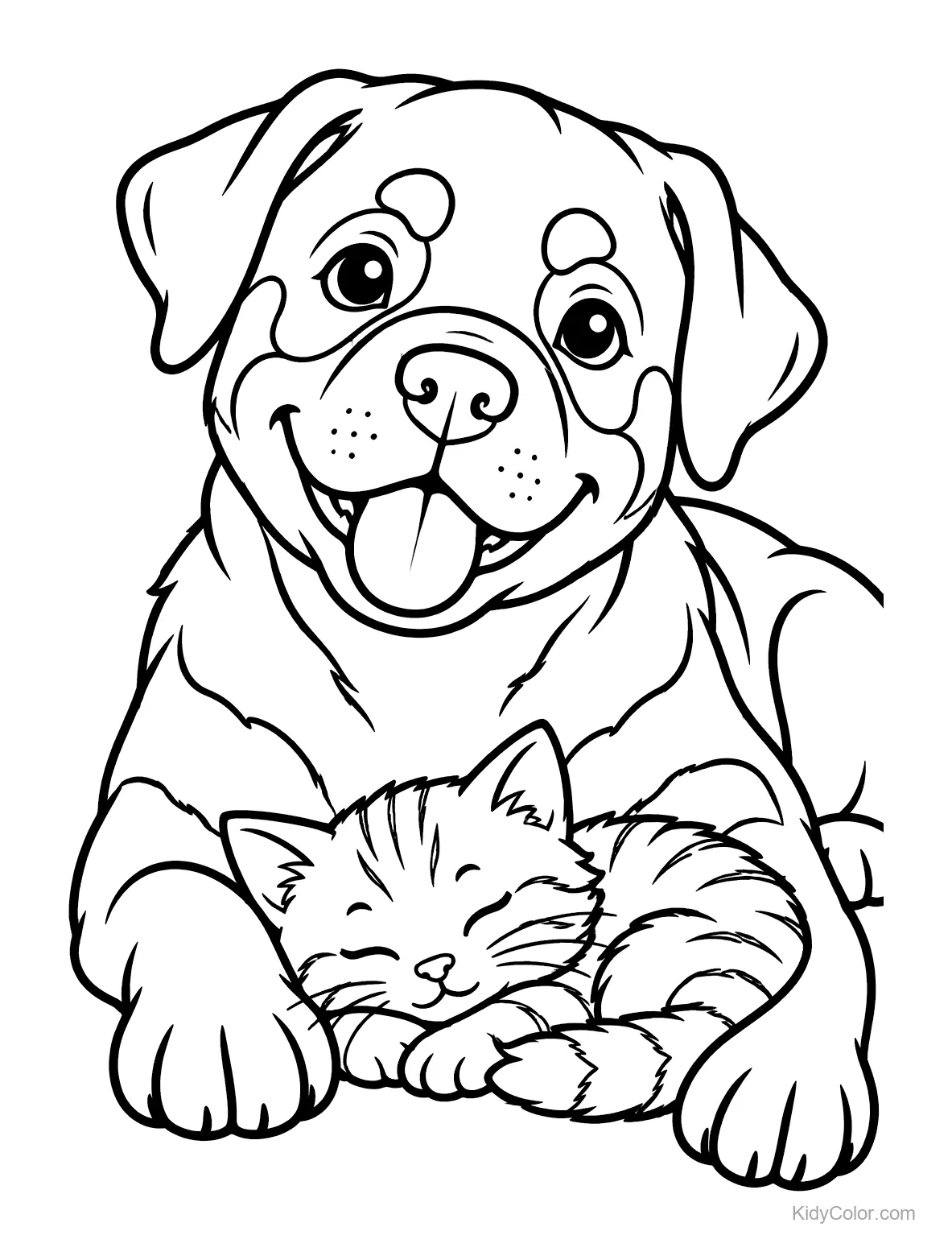 A puppy with its tongue out cuddles a sleeping kitten.