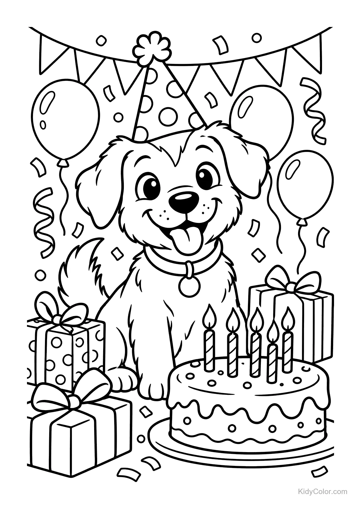 Cachorrinho com chapéu de festa, balões, presentes e bolo com velas.