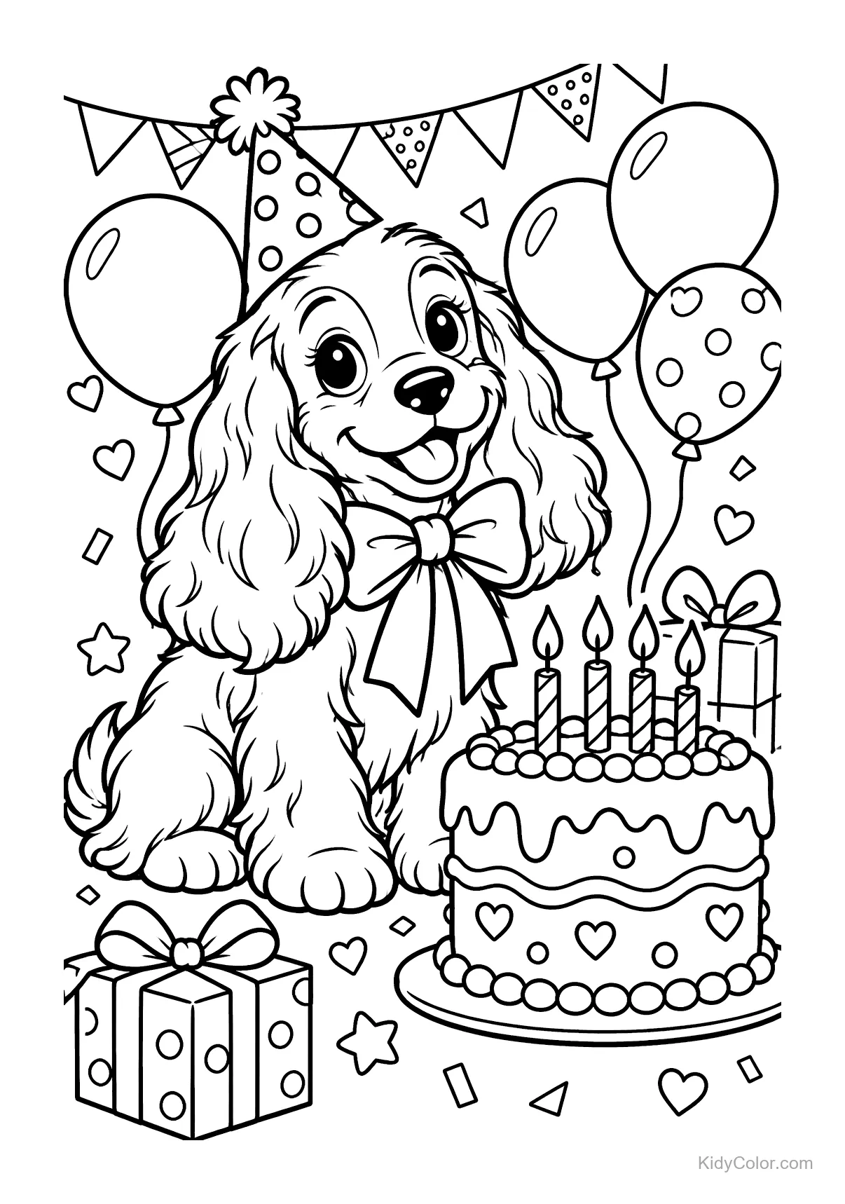 Puppy with party hat, cake with candles, balloons, and gifts.