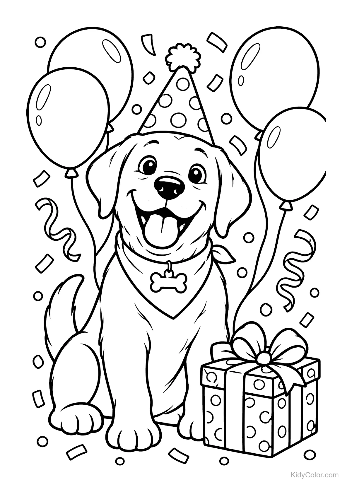 Smiling puppy wearing a party hat, surrounded by balloons and a gift.